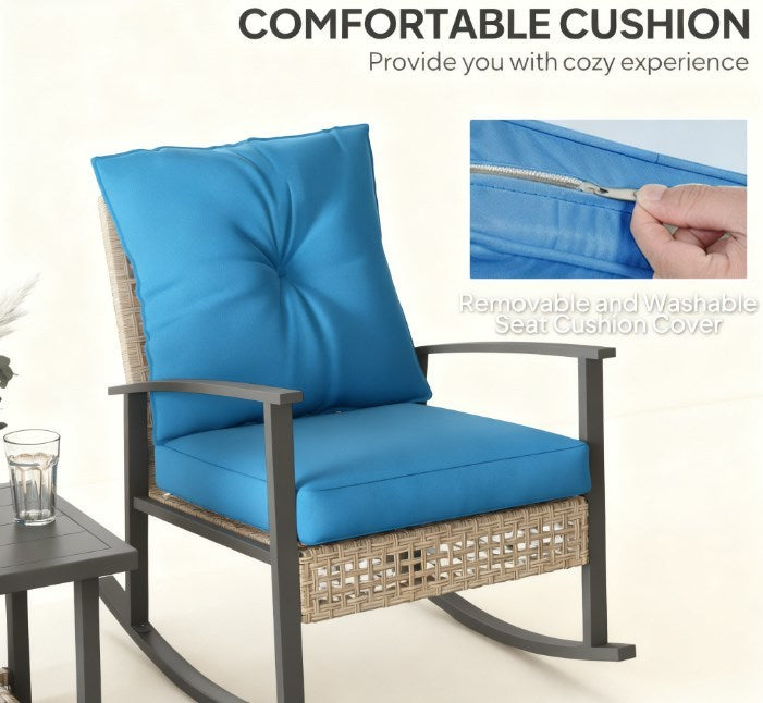 Outdoor Rocking Chair Set PE Rattan Steel Blue 3 Piece