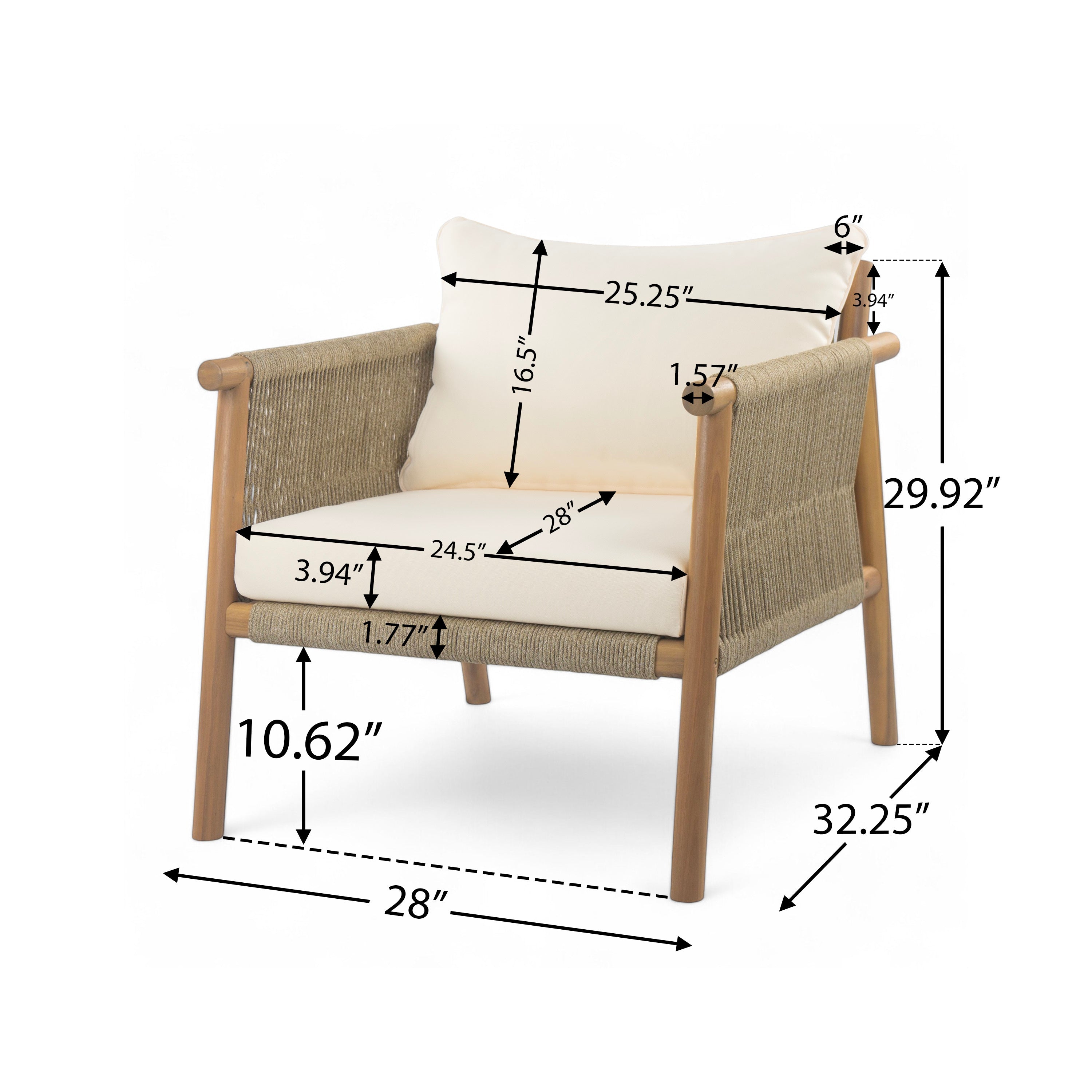Outdoor Lounge Chair Solid Wood Natural Beige Cushion 28in Wide