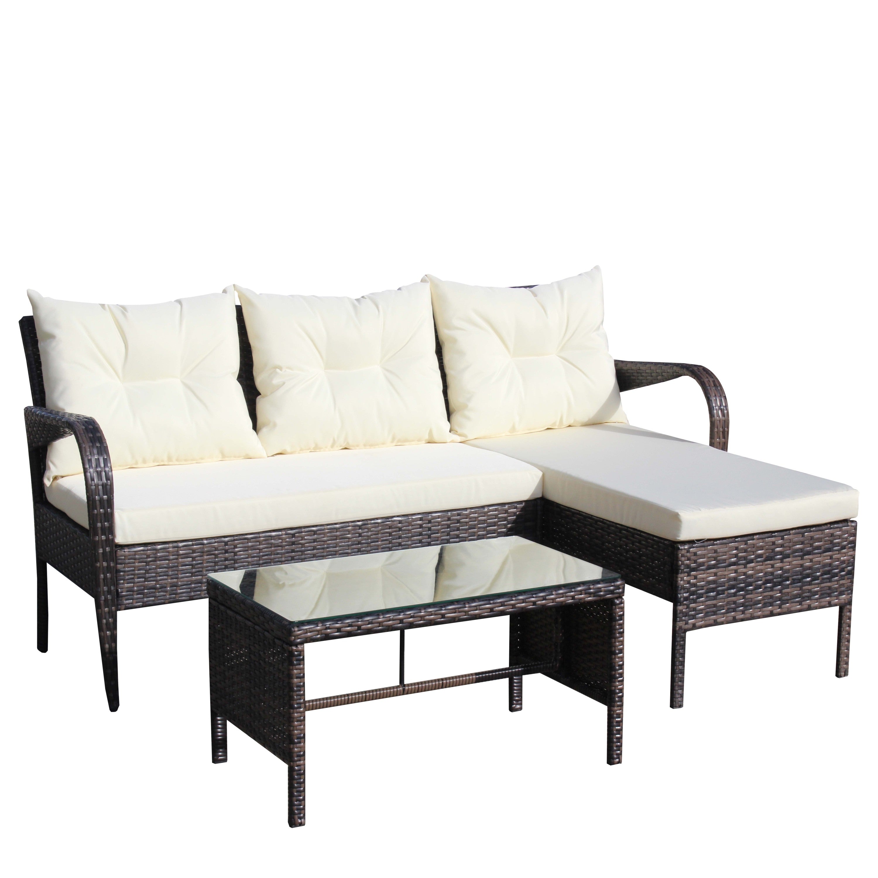 Outdoor Sectional Set PE Rattan Steel Brown Beige Cushion 3 Piece 560 LB