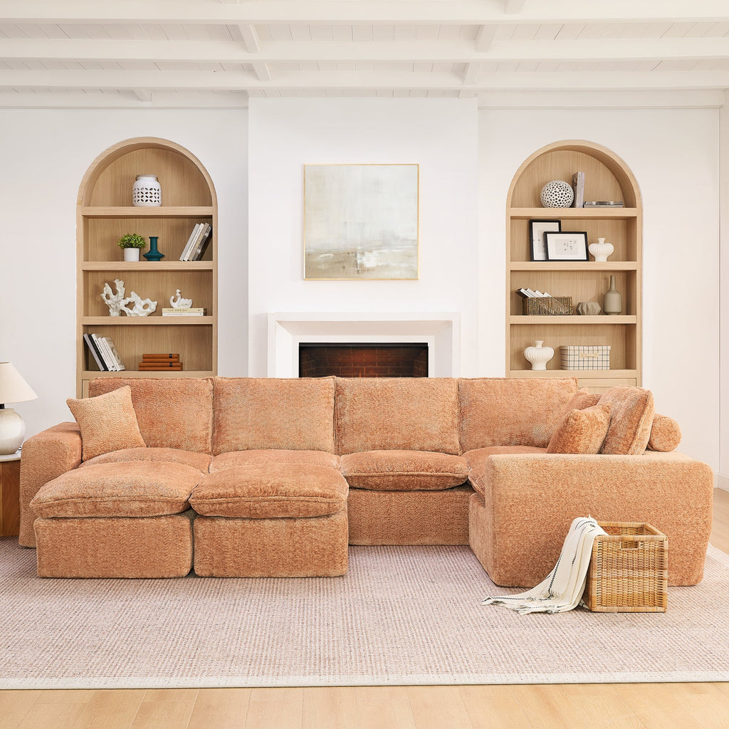Sectional Sofa Modular Boucle Orange 7 Seat Ottomans 107 In No Assembly