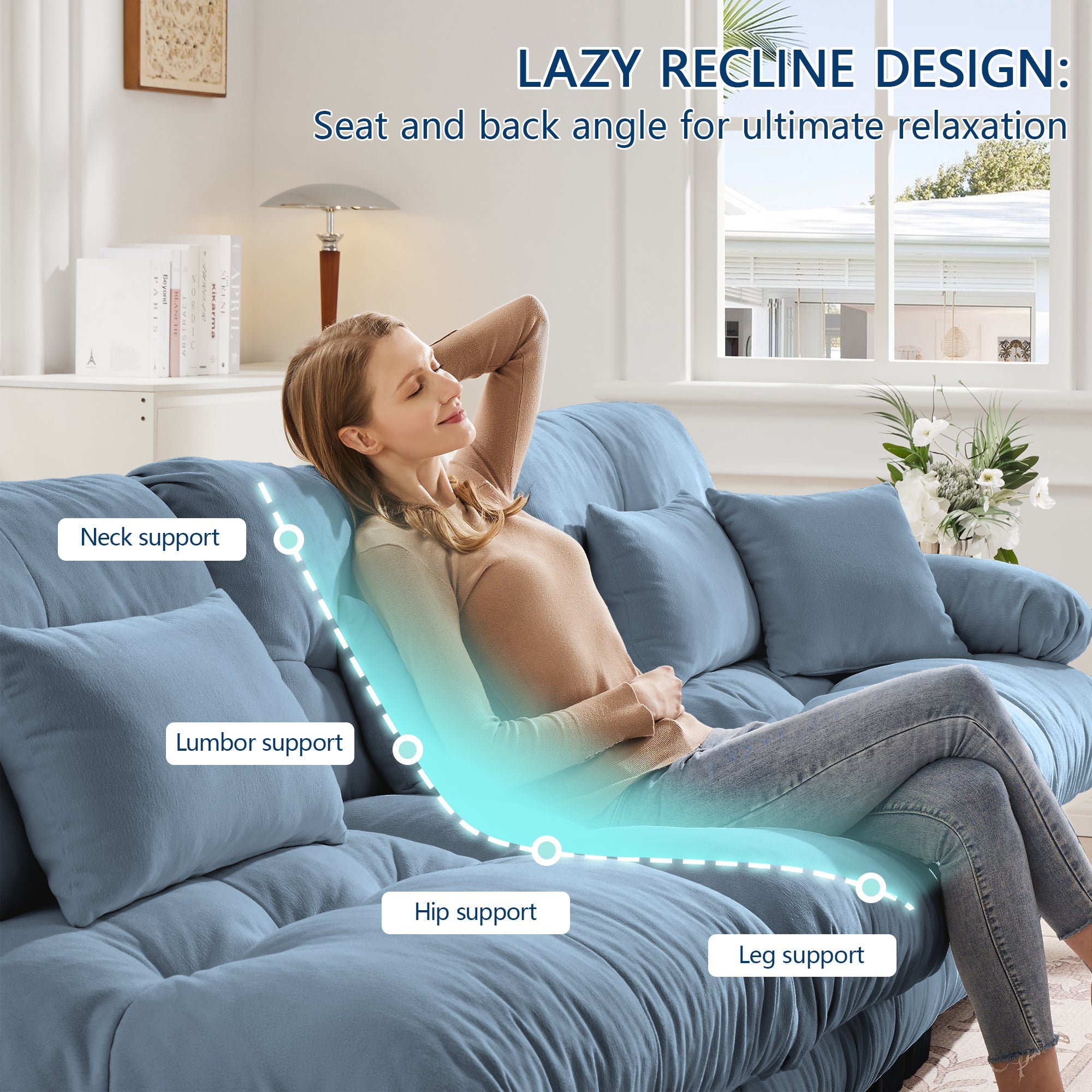 Sectional Sofa Cloud Chenille Blue 2 Seat Convertible Ottoman