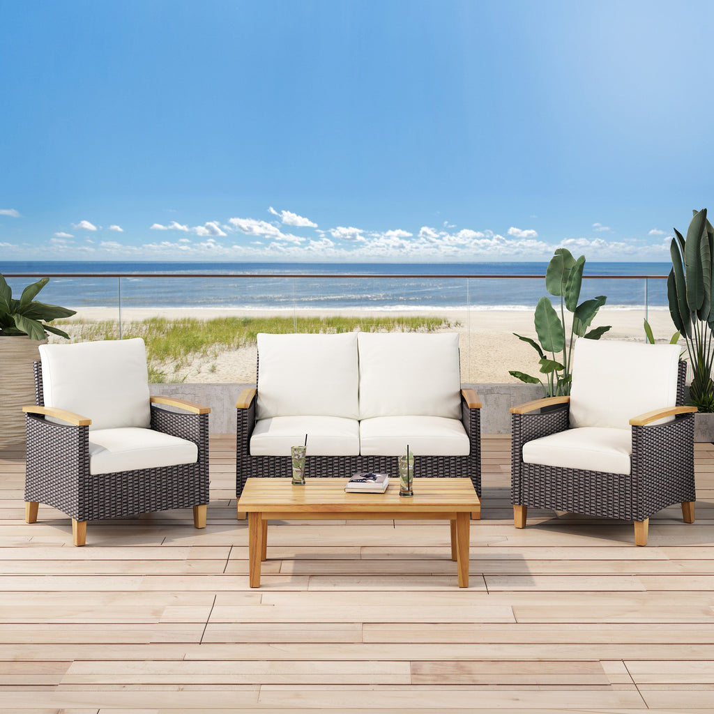 Outdoor Patio Set PE Rattan Acacia Wood Teak Cushions 4 Piece