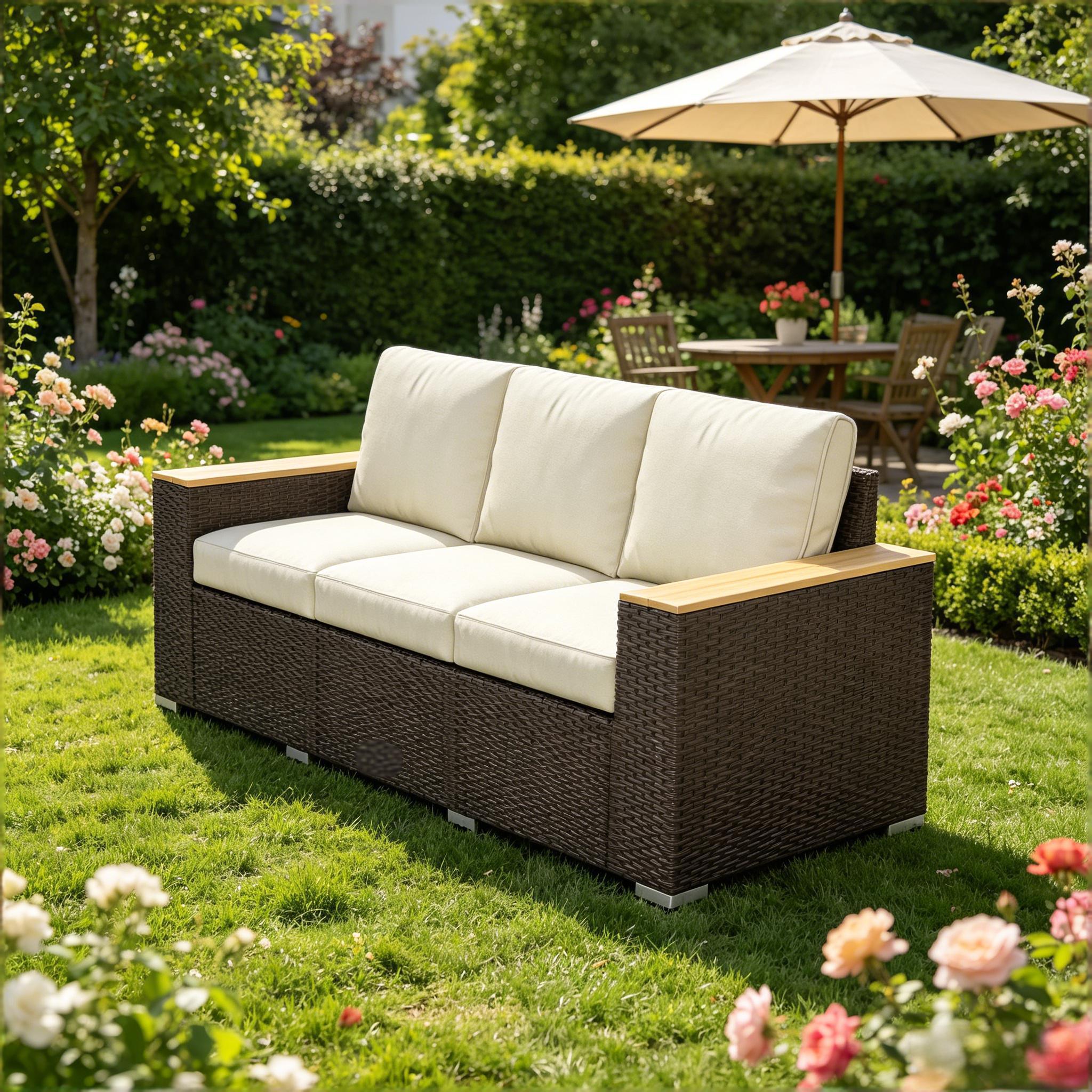 Outdoor Sofa PE Rattan Beige 3 Seat 89in Deep Seat 726 LB