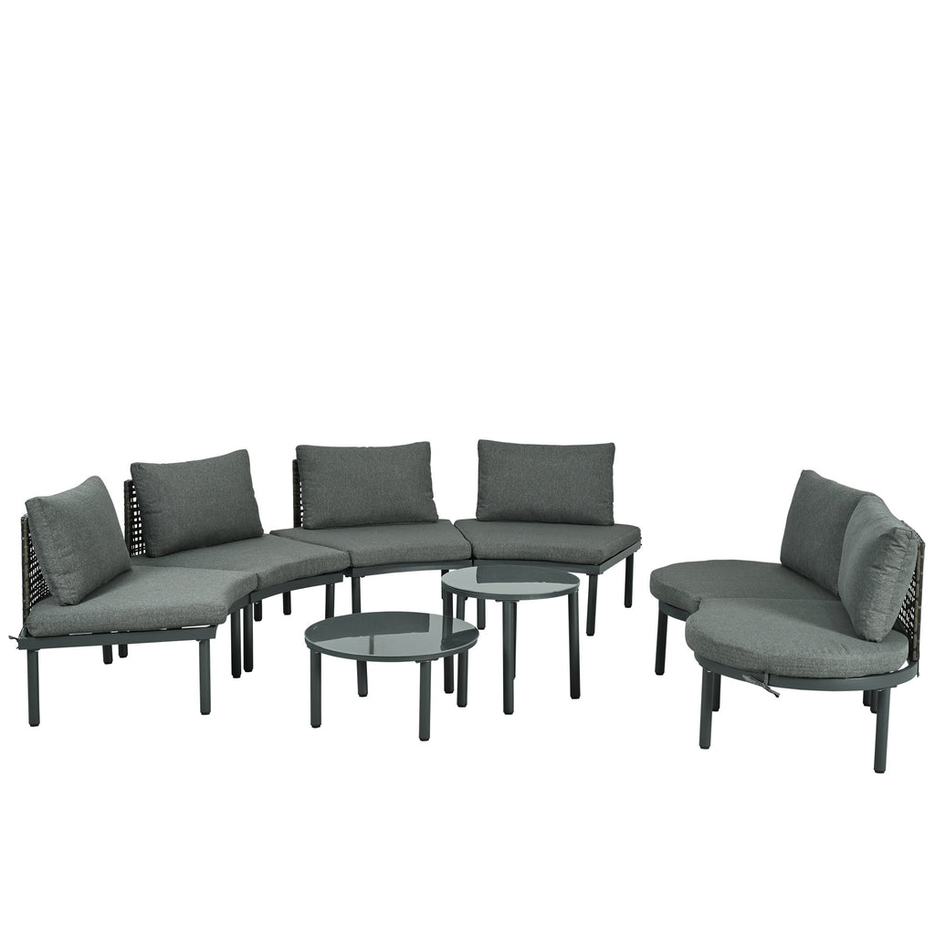 Outdoor Patio Set Half Moon Wicker Aluminum Gray 8 Piece 2 Tables