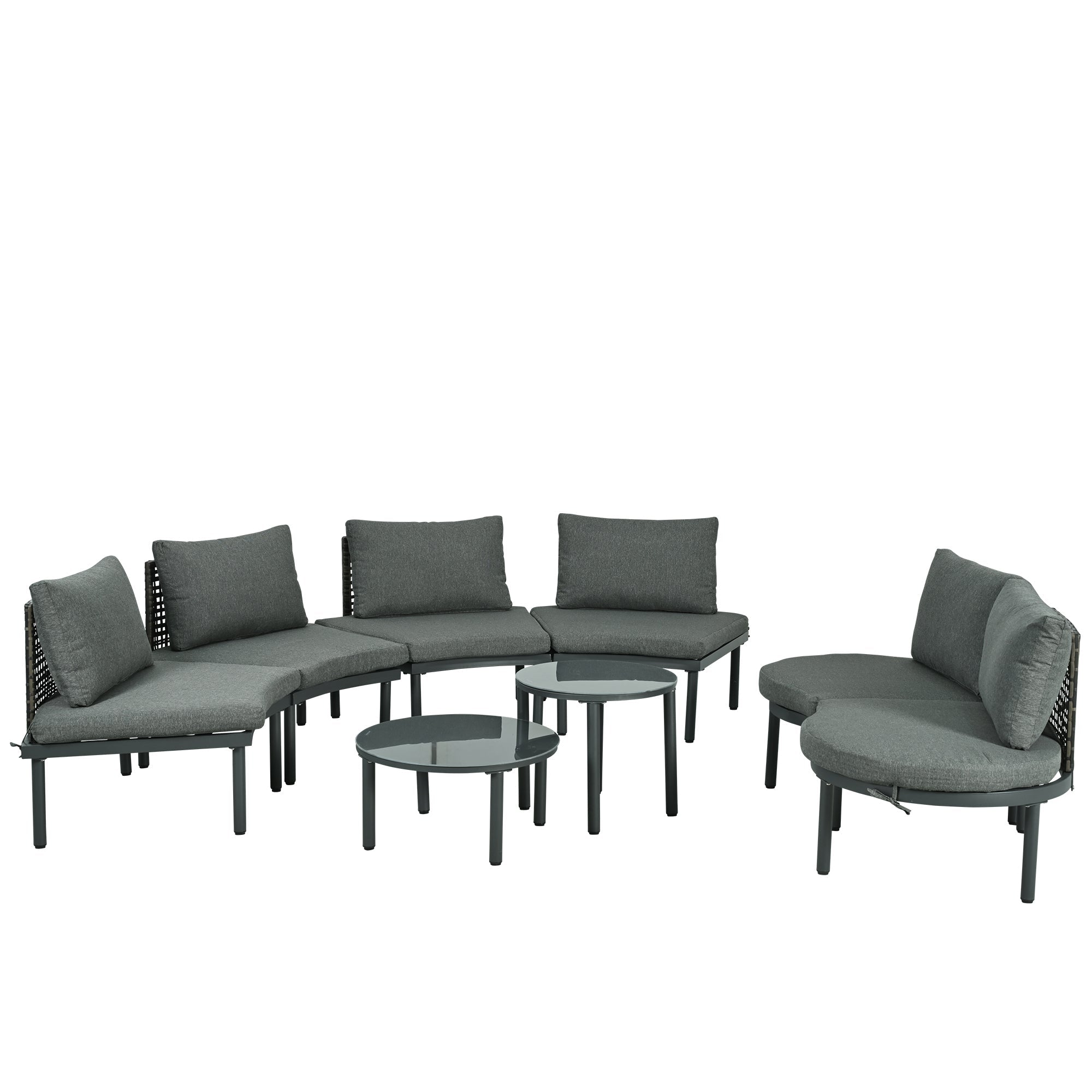 Outdoor Patio Set Half Moon Wicker Aluminum Gray 8 Piece 2 Tables