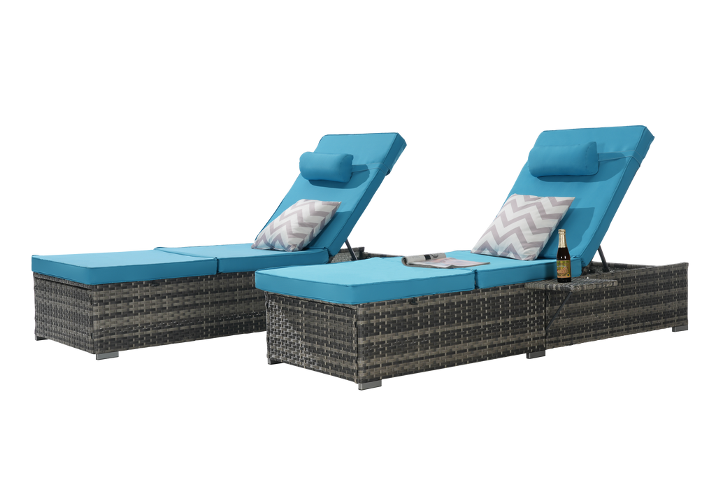 Chaise Lounge PE Rattan Steel Light Blue 5 Position Set of 2 600 LB