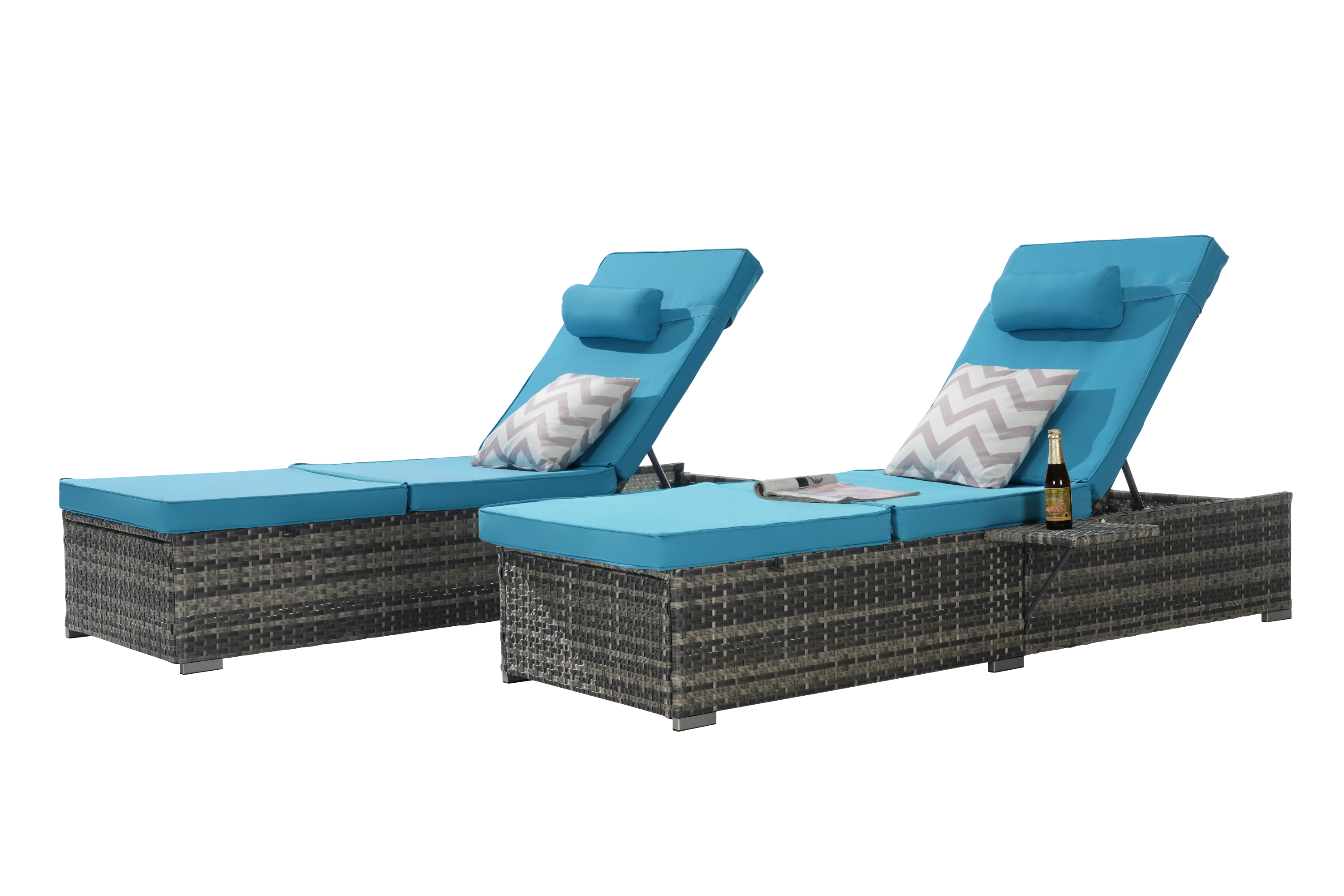 Chaise Lounge PE Rattan Steel Light Blue 5 Position Set of 2 600 LB