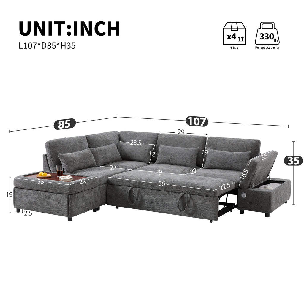 Sofa Bed L-Shape Chenille Gray 6 Seat Pull-Out USB Ports 107 In