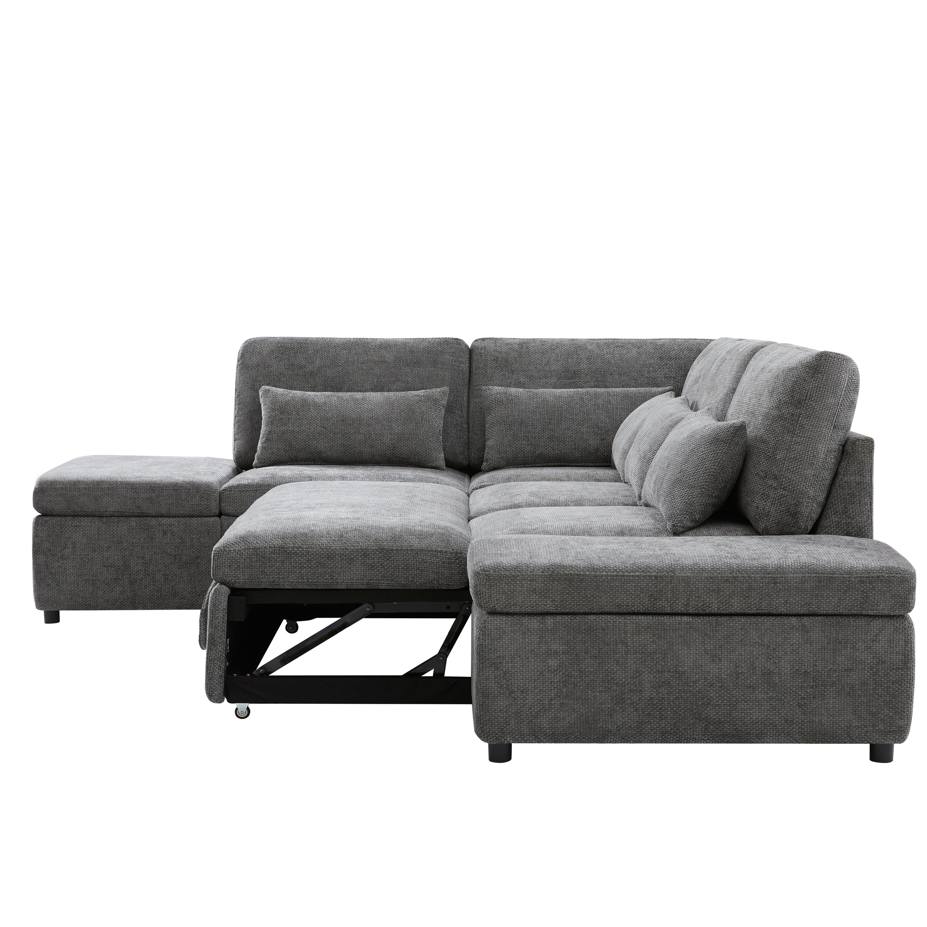Sofa Bed L-Shape Chenille Gray 6 Seat Pull-Out USB Ports 107 In