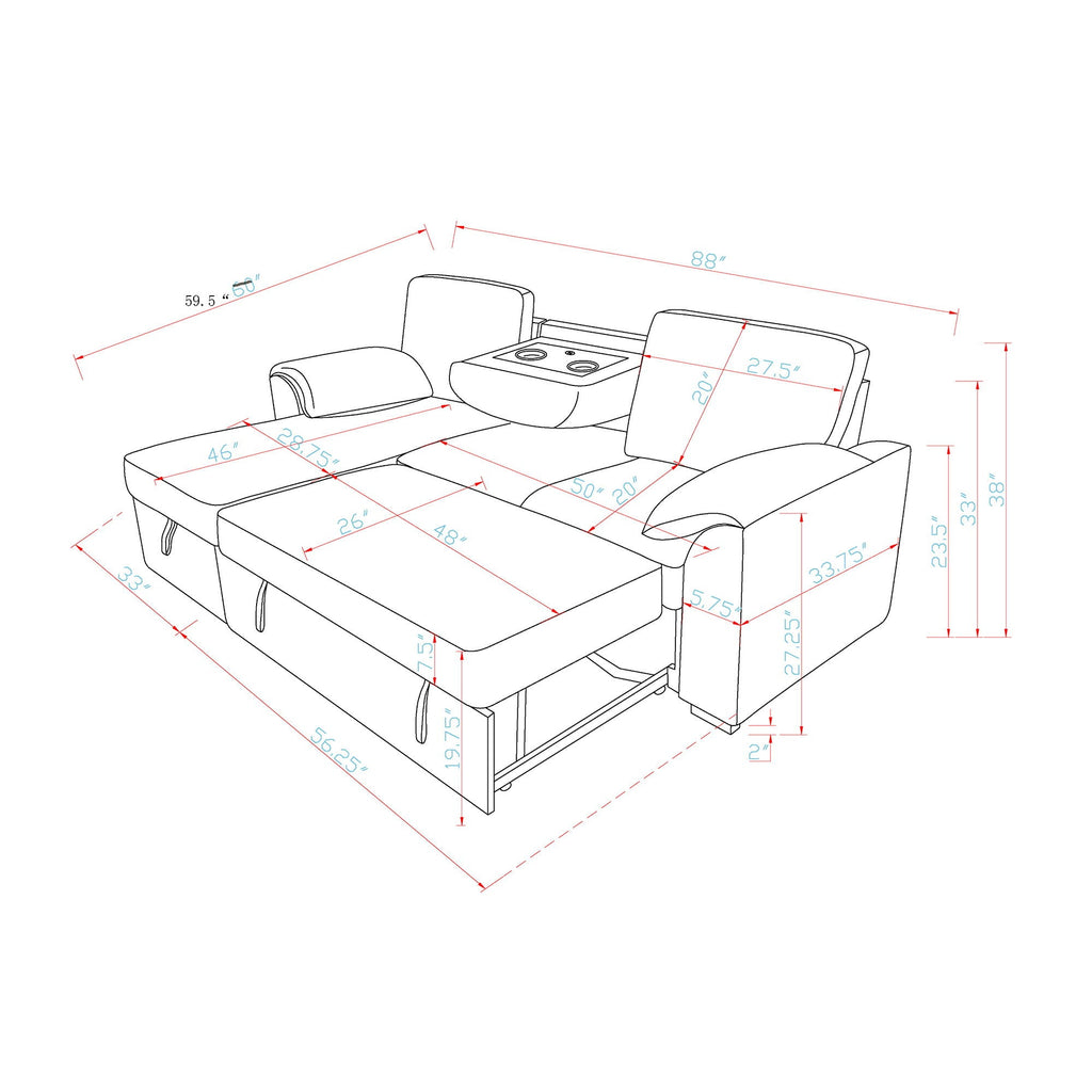 Rebecca - Sofa With Pull Out Bed, Storage Chaise, USB And Cup Holders - Dark Gray