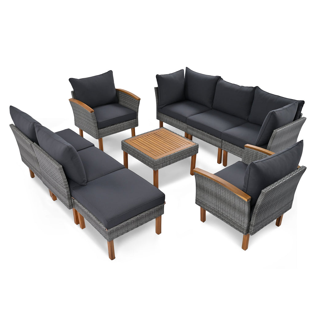 Outdoor Sectional Set PE Rattan Acacia Wood Gray 9 Piece 250 LB