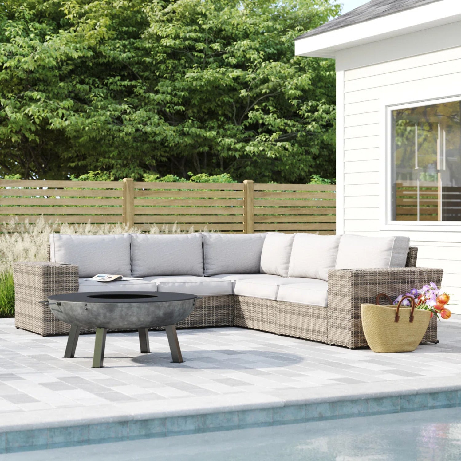 Outdoor Sectional Set HDPE Wicker Aluminum Gray L-Shape 102 In Seats 4