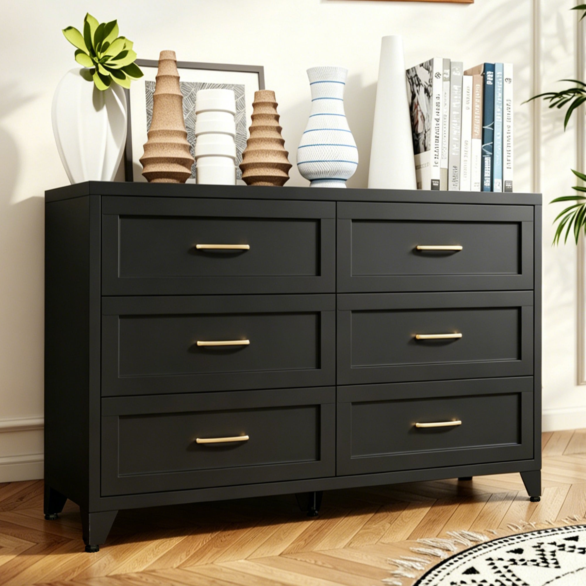 Dresser 6-Drawer Black Steel Smooth-Glide Powder Coat 47.3x15.8x30 In