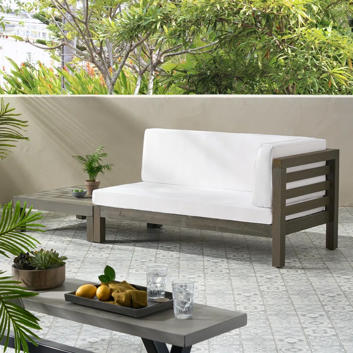 Outdoor Loveseat Set Acacia Wood White Cushion Right Corner Table