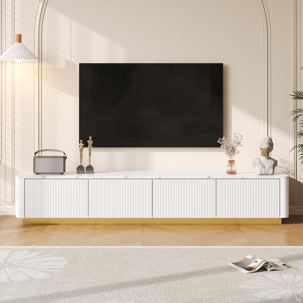 Luxury Fluted White TV Stand Faux Marble Top 4-Drawer 85