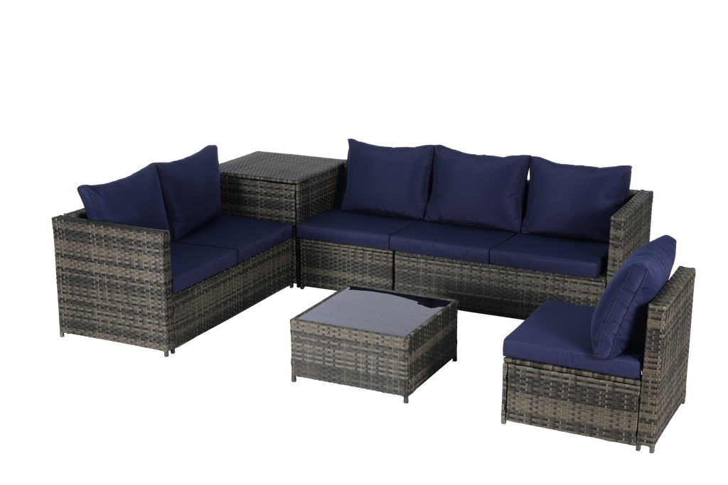 Outdoor Sectional Set PE Rattan Steel Dark Blue L-Shape 6 Piece Seats 8