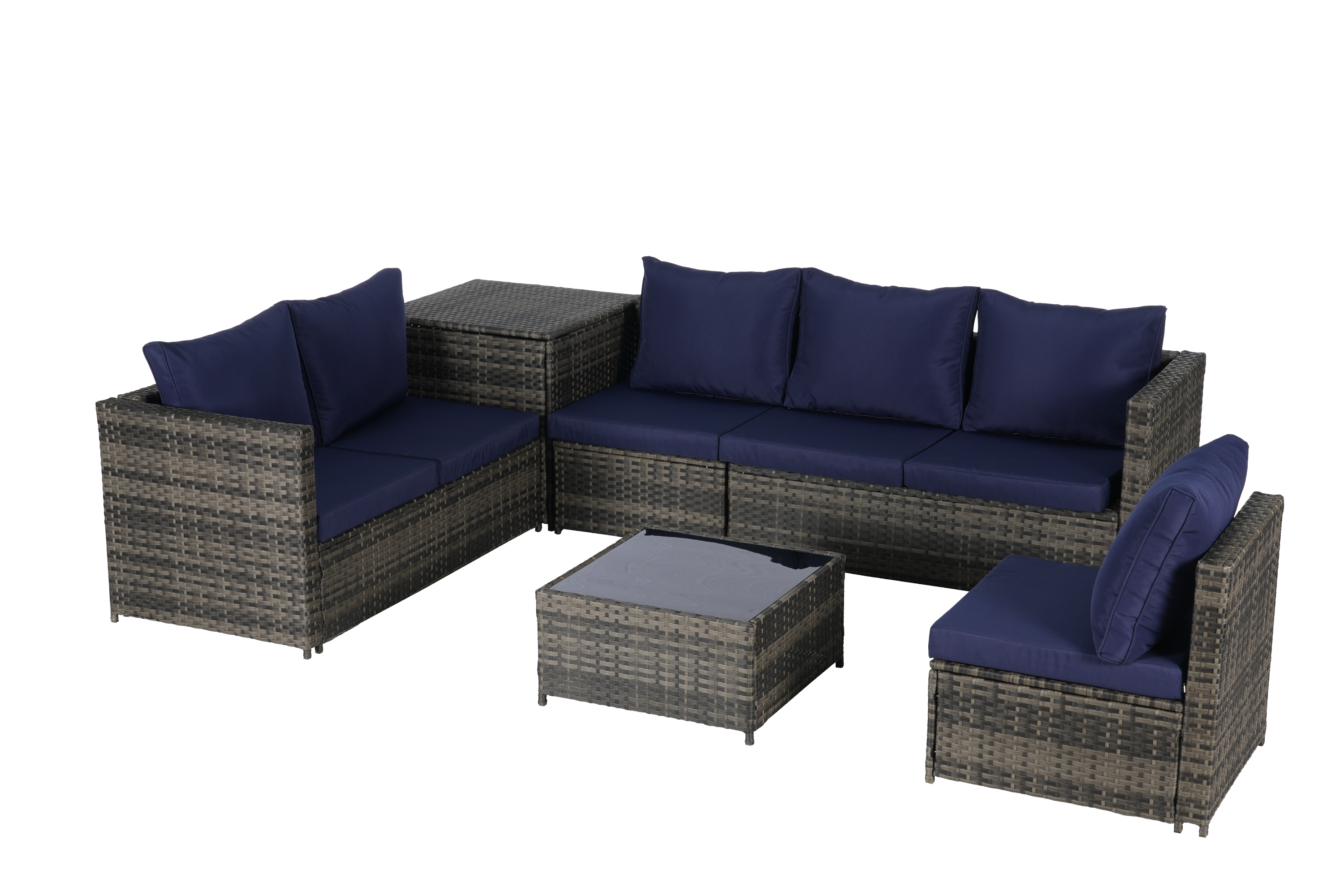 Outdoor Sectional Set PE Rattan Steel Dark Blue L-Shape 6 Piece Seats 8