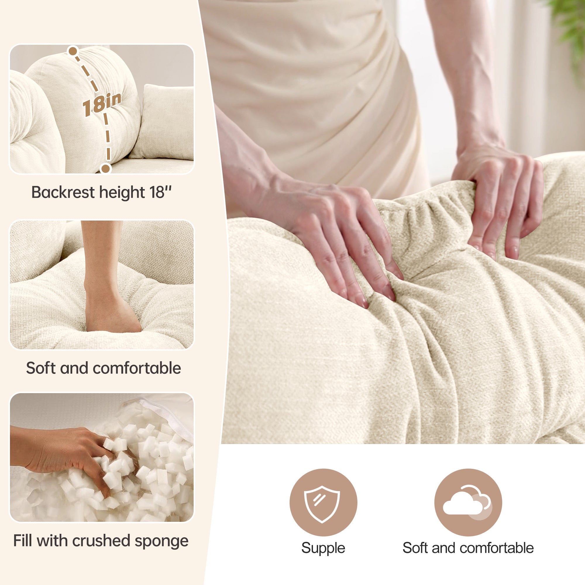Sectional Sofa L-Shape Modular Chenille Beige 3-Seat with Ottoman