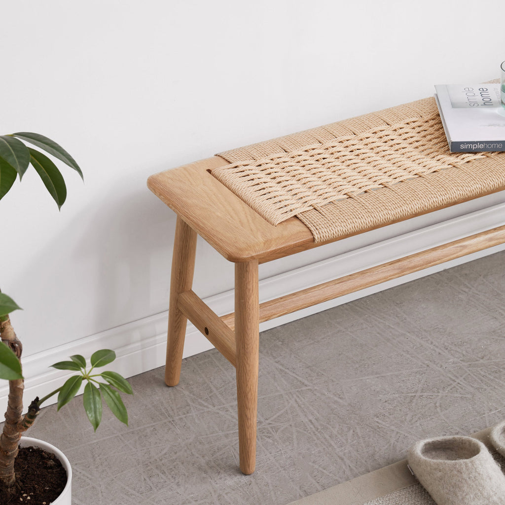 Dining Bench Solid Oak Handwoven Cane Seat Natural 31.5 In