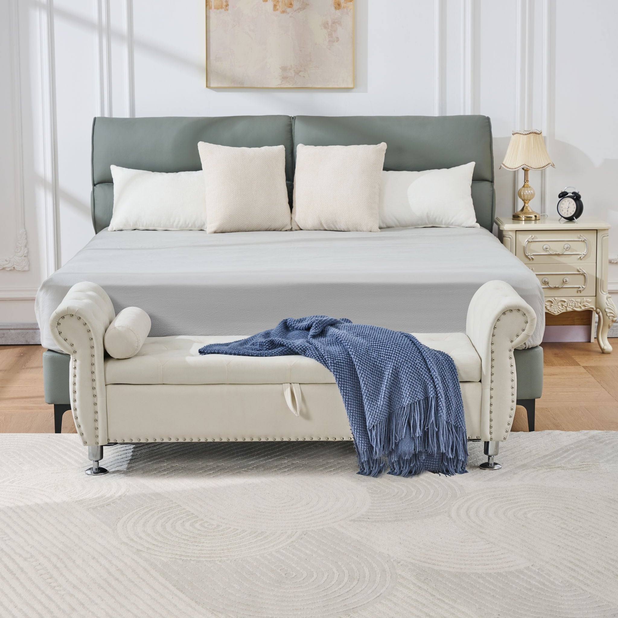Storage Bench With Crystal Buttons And 1 Pillow For Bedroom