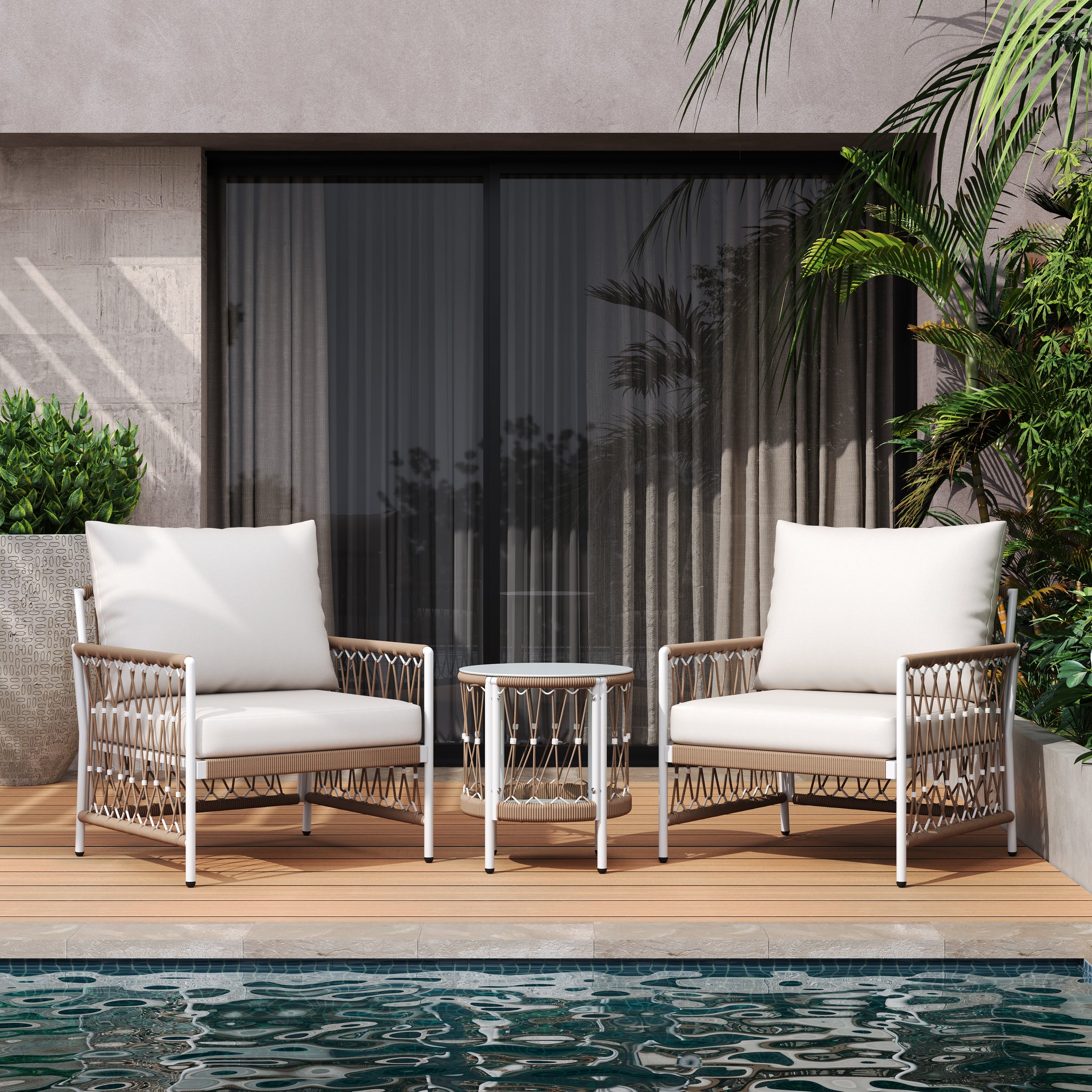 Outdoor Patio Set Bohemian Rope Steel Beige 3 Piece Glass Top Table