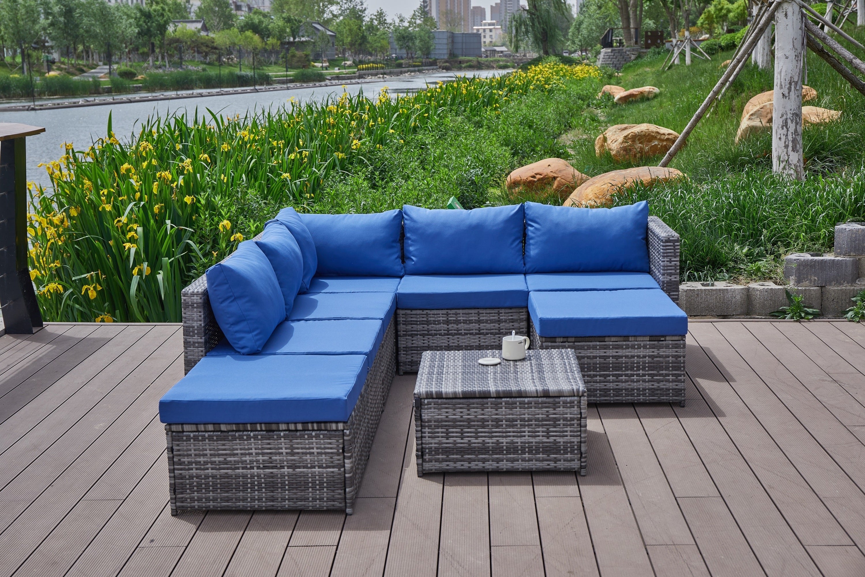 Outdoor Patio Sofa Set PE Rattan Blue Gray All Weather Steel Frame
