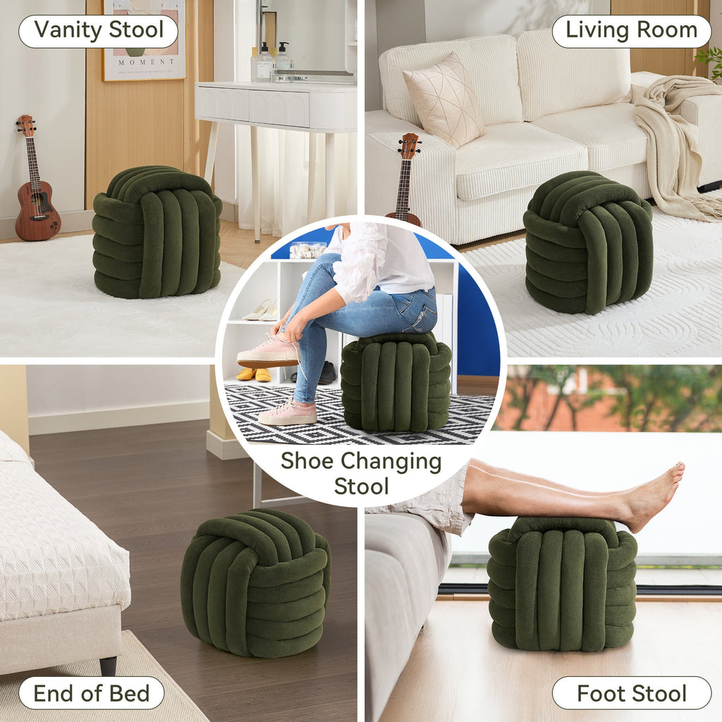 Chenille Knot Design Ottoman Makeup Stool Footstool, Green