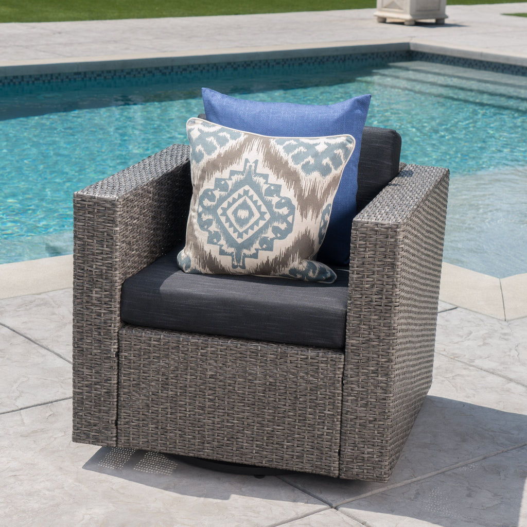 Outdoor Swivel Club Chair Wicker Iron Black Gray Cushion