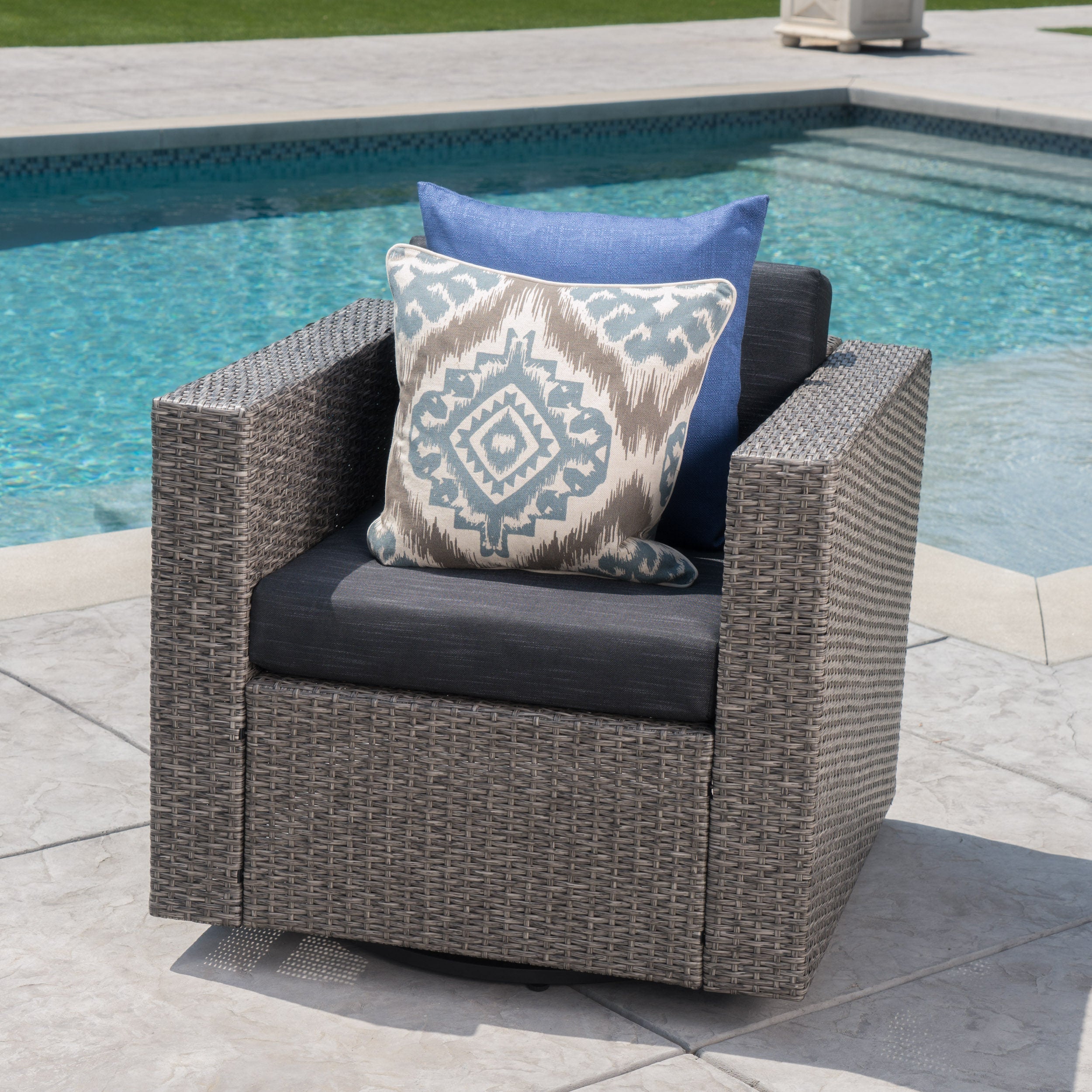 Outdoor Swivel Club Chair Wicker Iron Black Gray Cushion