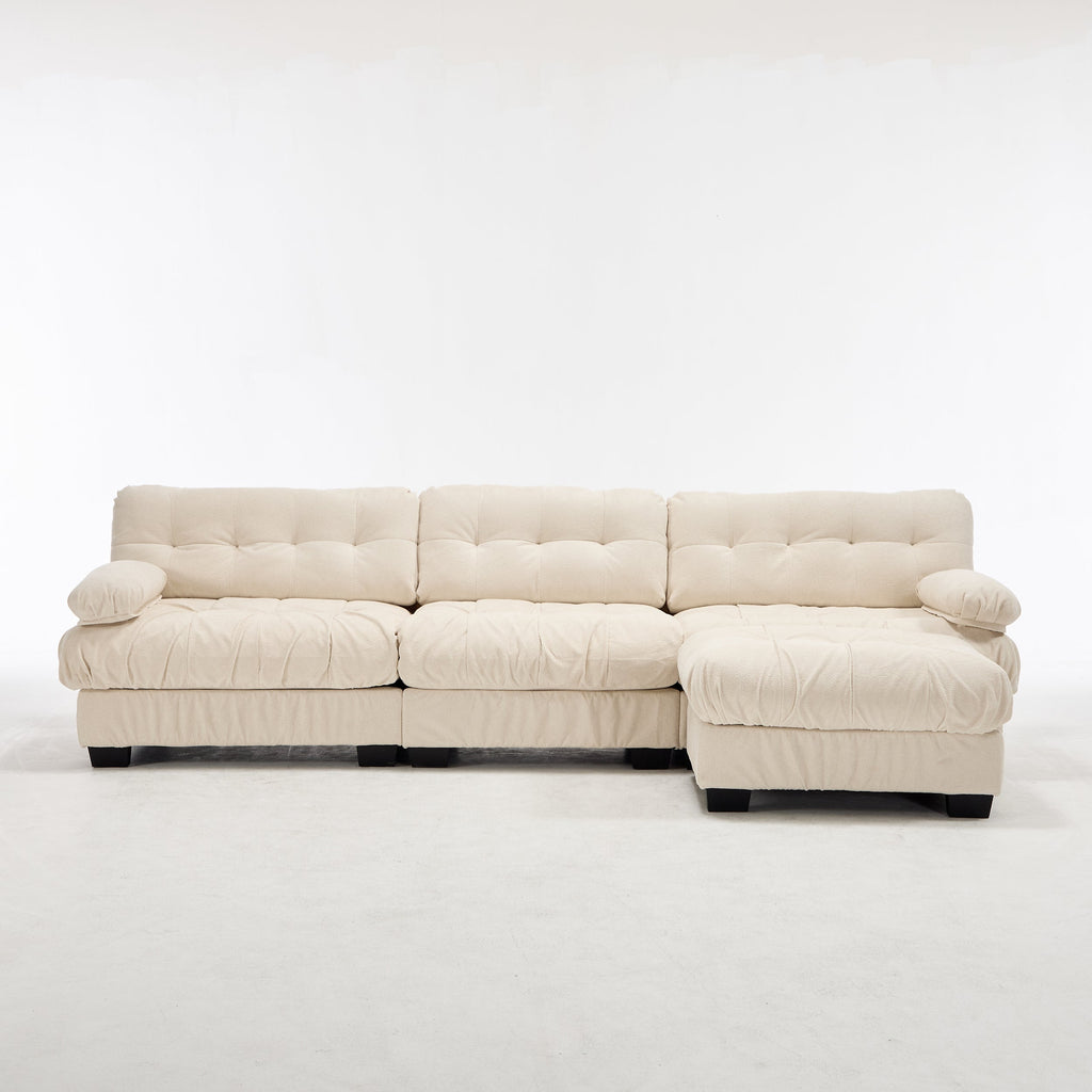 Sectional Sofa L-Shape Flannelette Beige 4 Seat Ottoman 123 In Deep Seat