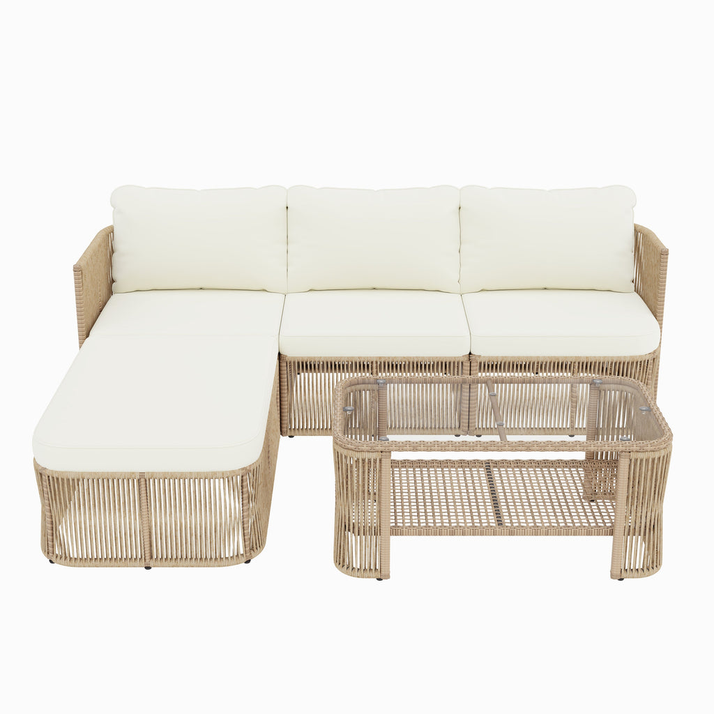 Outdoor Patio Set PE Rattan Iron Dark Beige Modular Glass Table