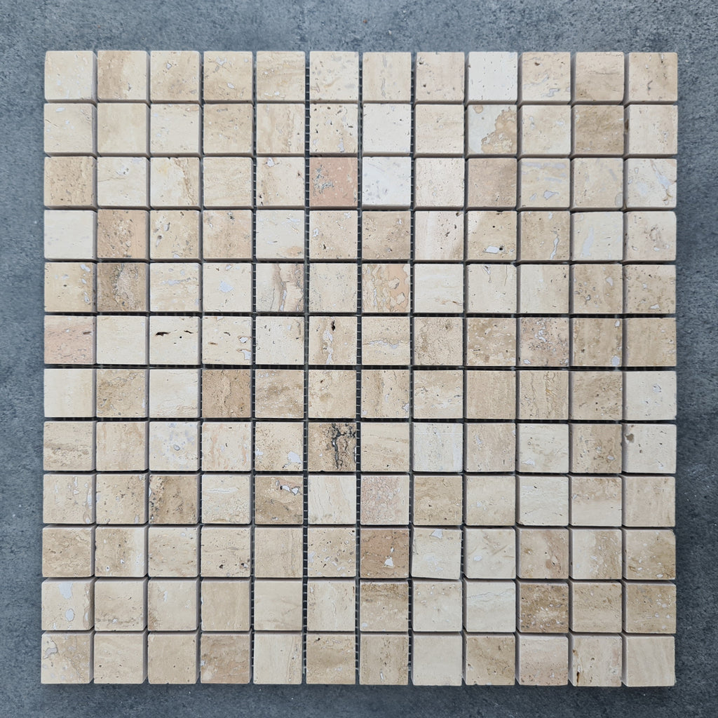Honed Travertine Mesh-Mounted Mosaic Tile 12x12 - Soft Walnut Tone
