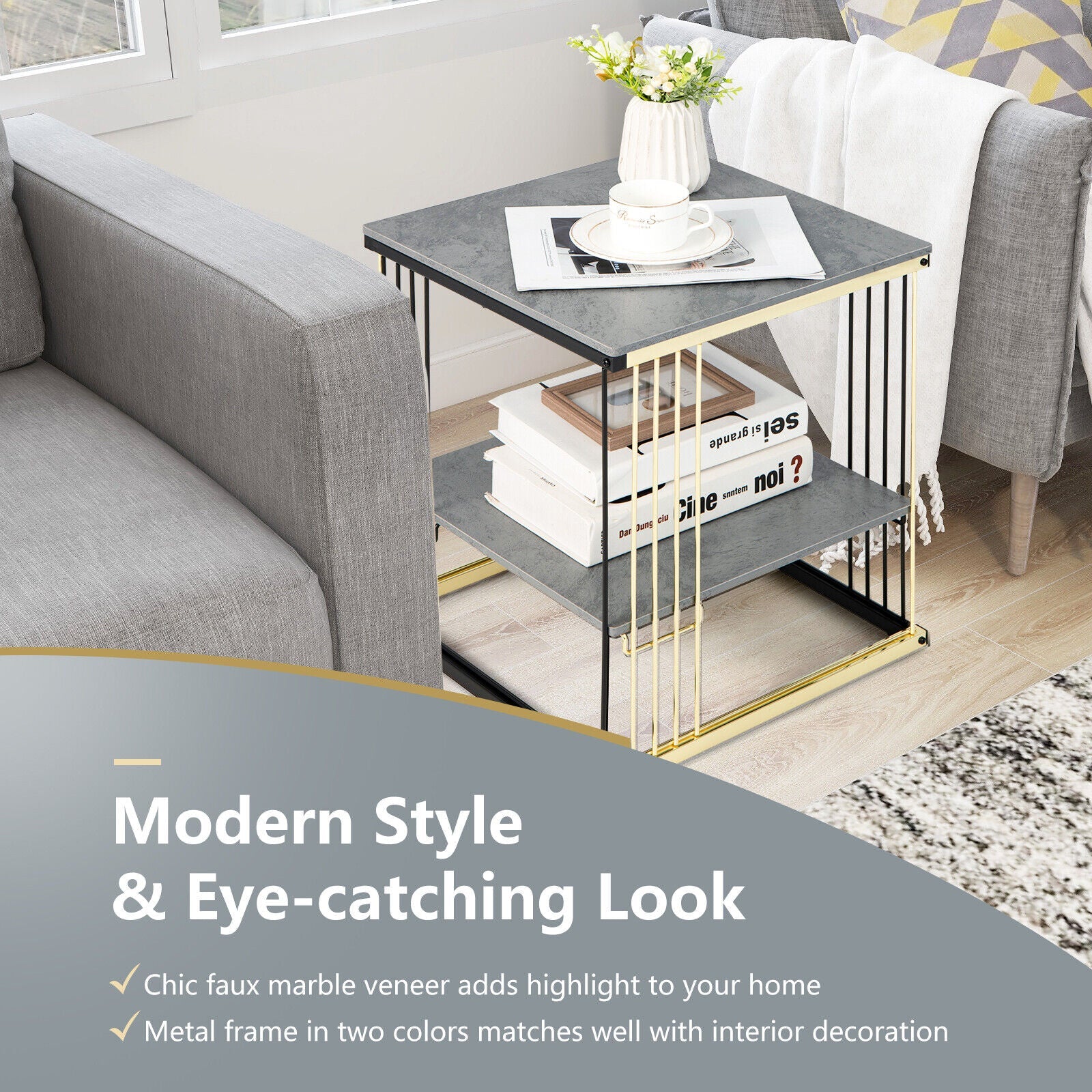 2-Tier Metal Side End Table with Removable Shelf-Gray