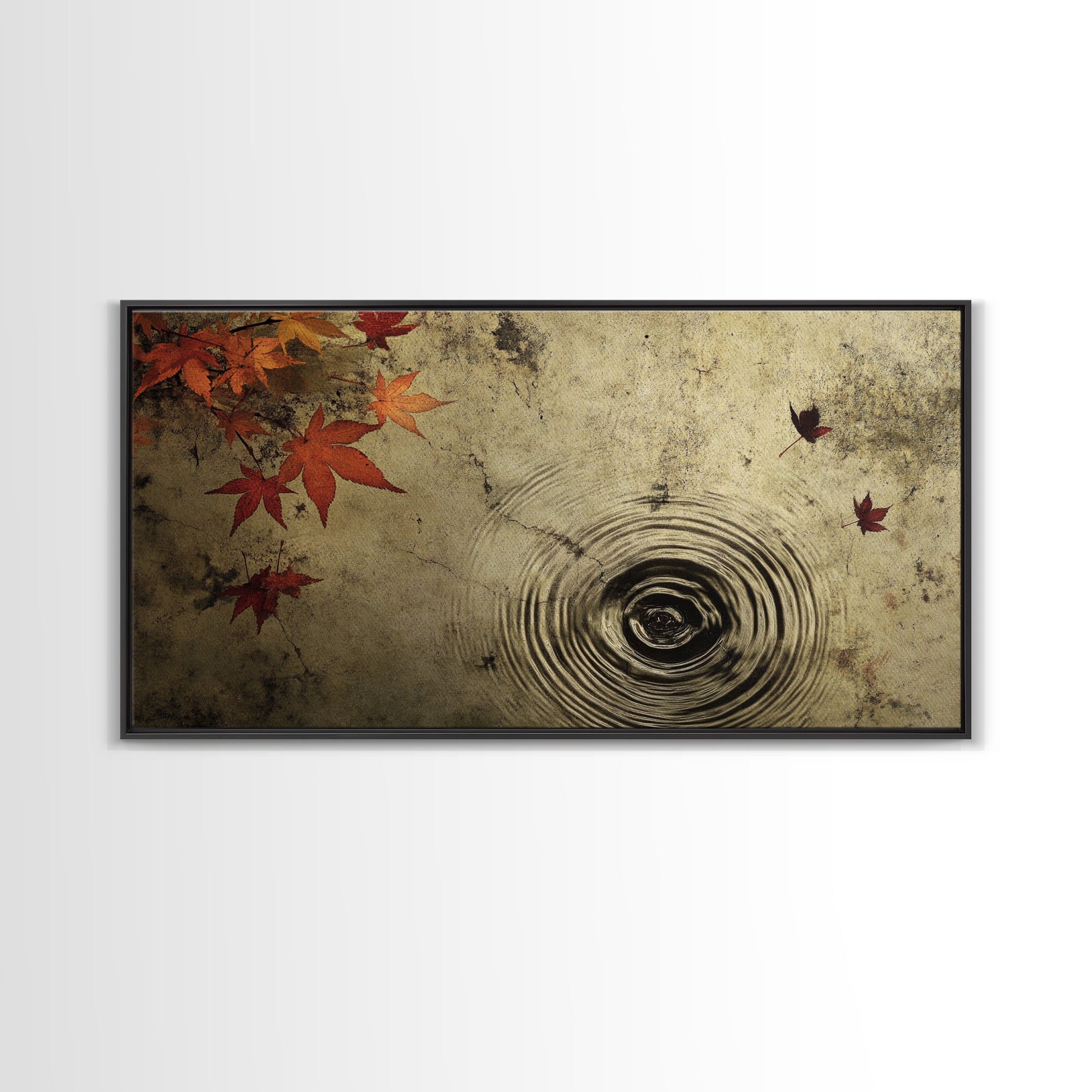 Rain Drops In The Fall, Framed Canvas Print, Thought Provoking Wall Art, Wabi Sabi Style Boho Minimalist Wall Art - Reflections