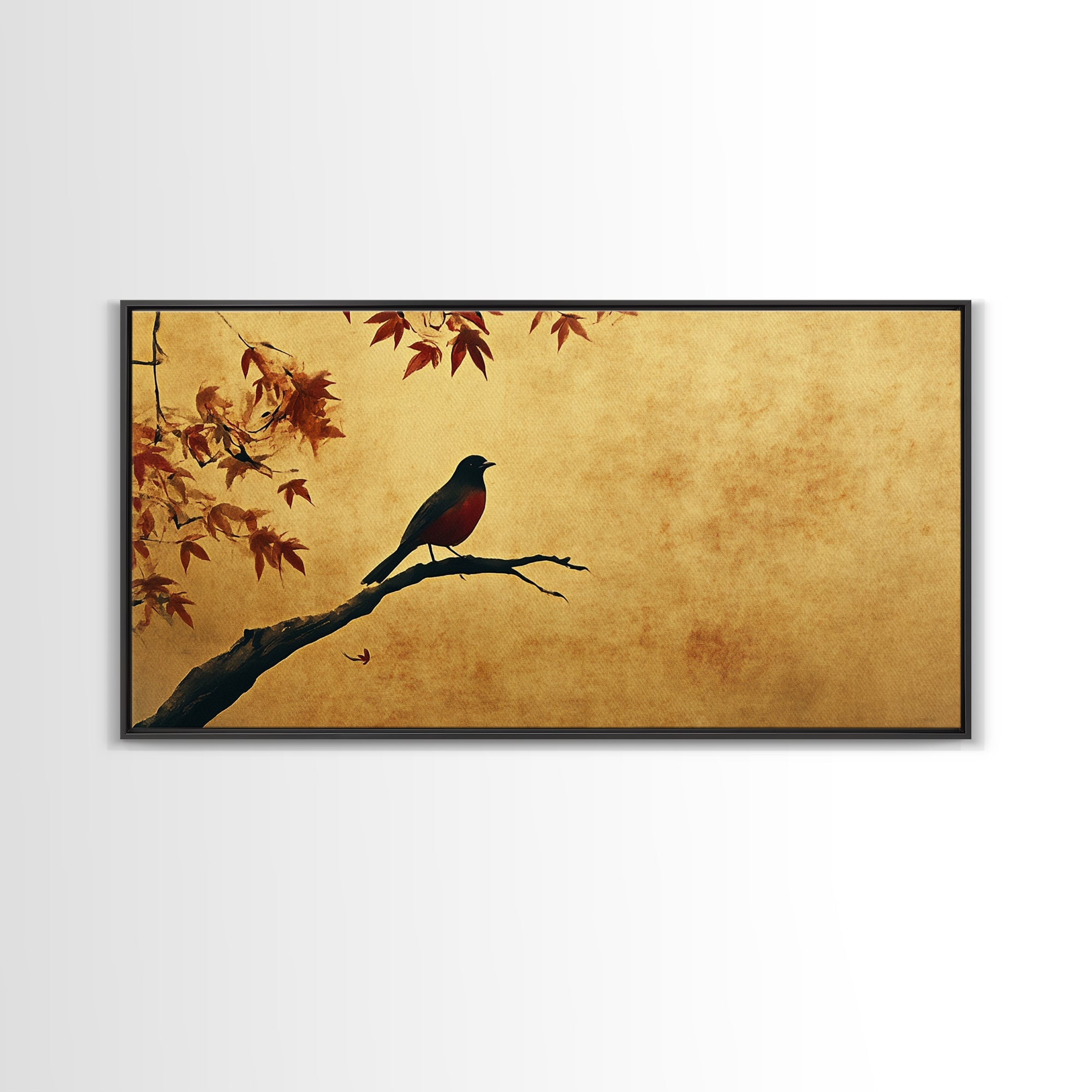 Oriole On a Maple Tree Framed Canvas Print, Vintage Home Decor, Vintage Style Wall Art, Farmhouse Decor, Wabi Sabi Art, Extra Large Art