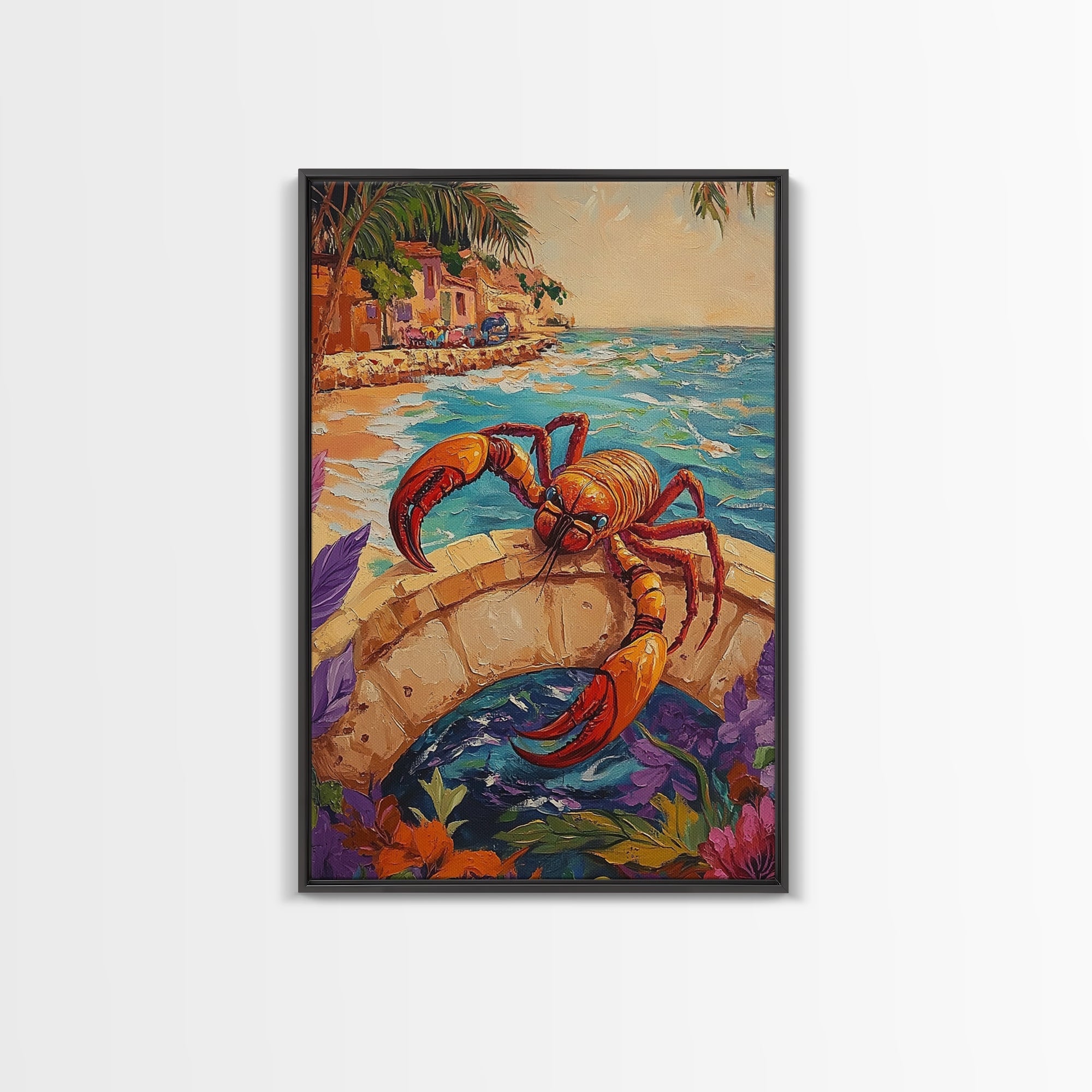 Lobster Art, Coastal Bridge, Tropical Scene, Nautical Style, Framed Canvas Print, lobster decor, beach cottage coastal art, bathroom print