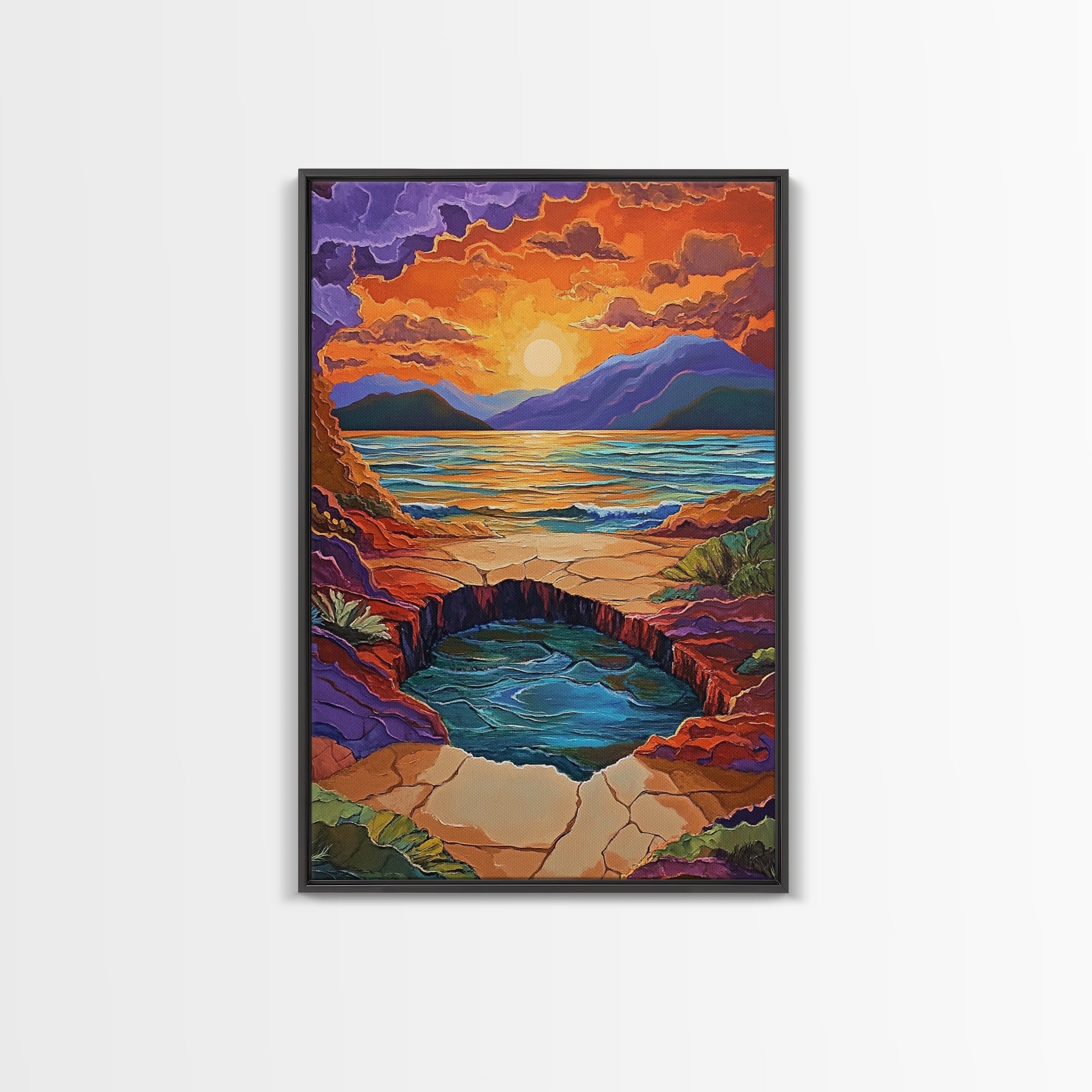 Sunset Lake Reflection, Fiery Sky, Tranquil Water, Mountain Glow, Framed Canvas Print, Bedroom Wall Art, Autumn Decor, Serene Art