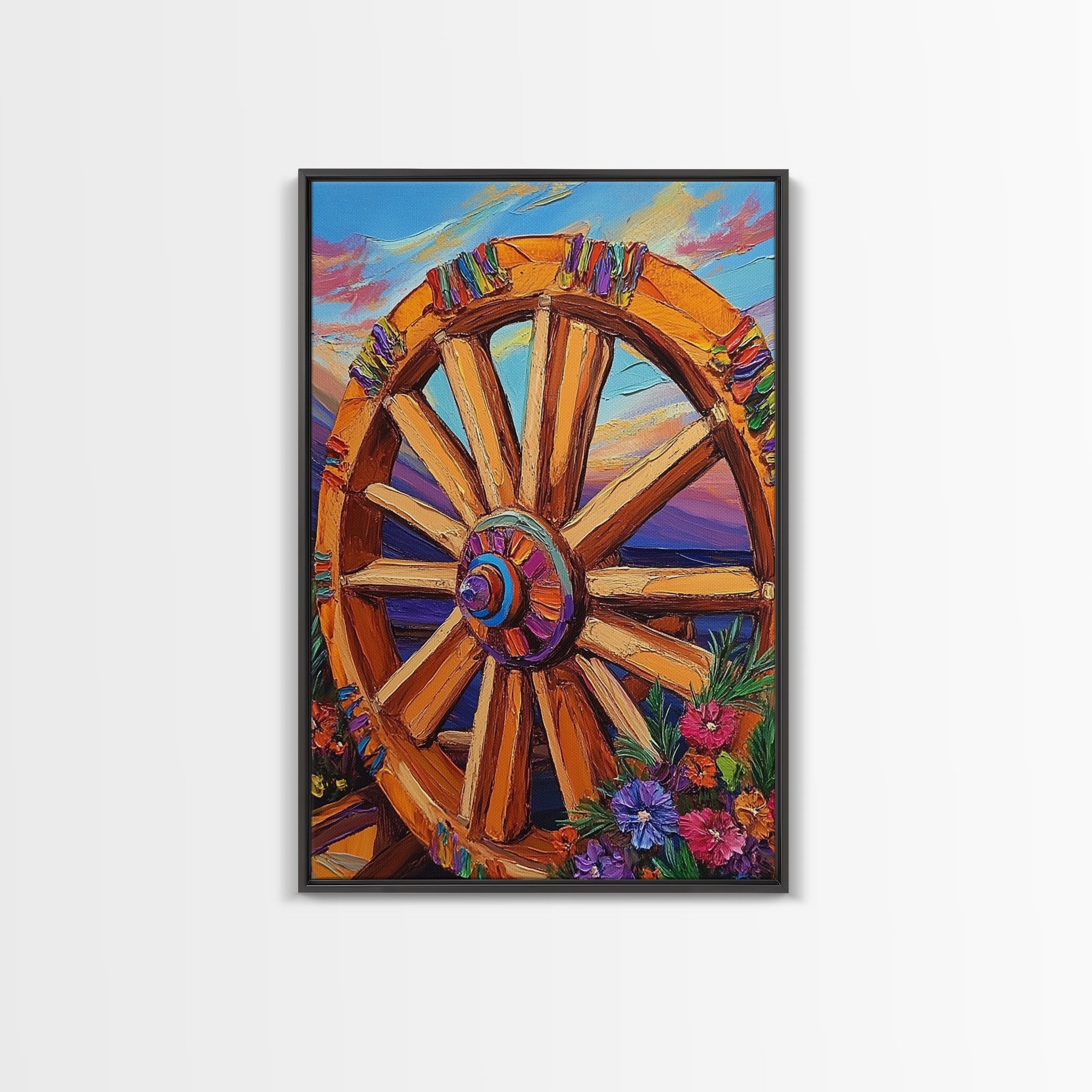 Colorful Wheel Art, Rustic Wall Decor, Western Vibes, Farmhouse Charm, Framed Canvas Print, Fall Decor, Country Living Room Wall Art