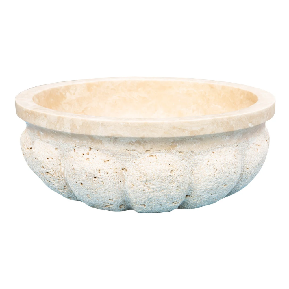 Light Travertine Pumpkin Shaped Vessel Sink Honed Natural Stone 16 x 6 Inches