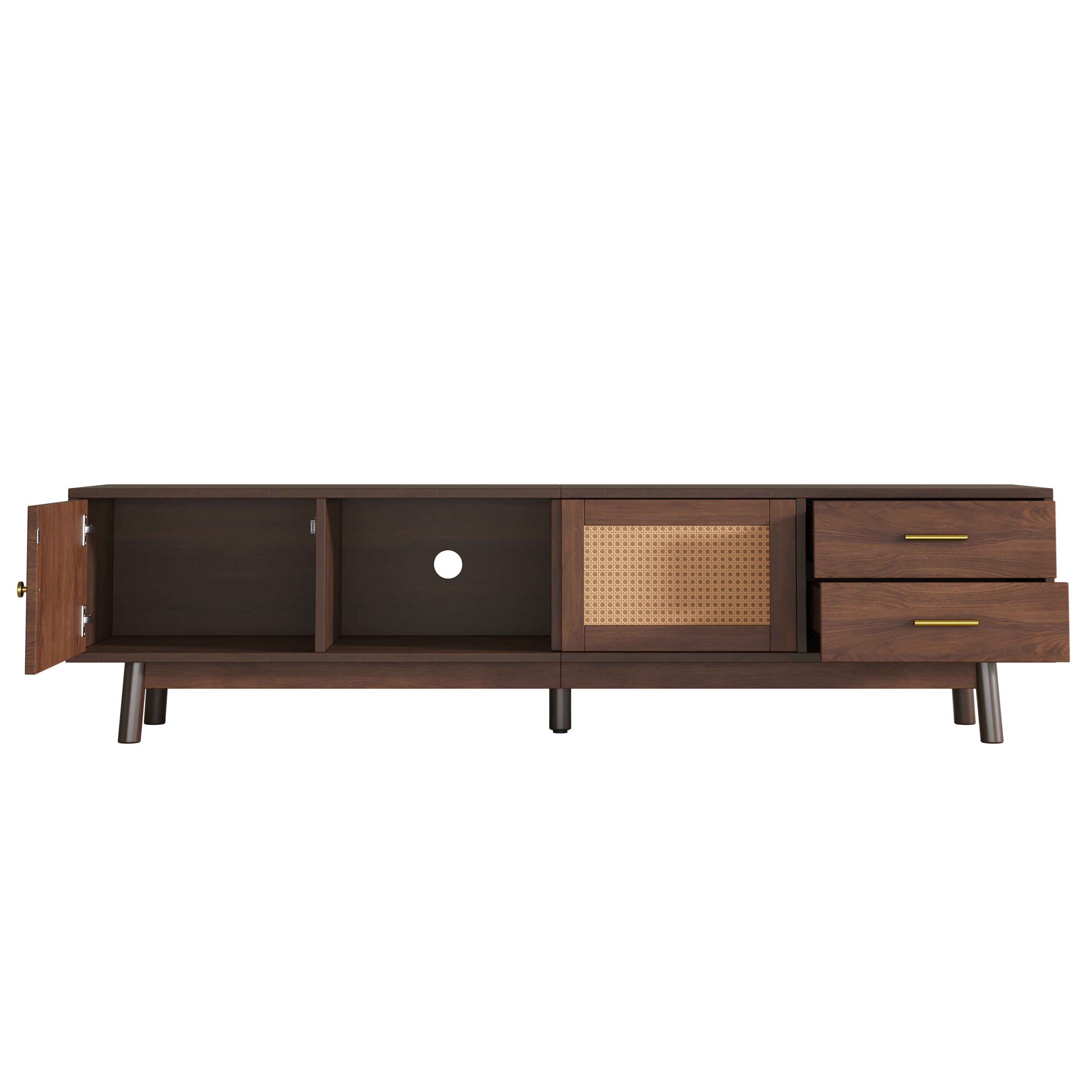 TV Stand Mid-Century Dark Brown Solid Wood Rattan Sliding Door Fits 80 In TV