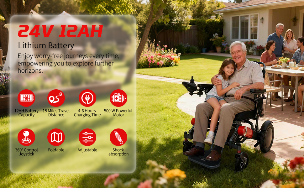 Wheelchair Electric Foldable Aluminum 300 LB 15 Mile Range Black Red