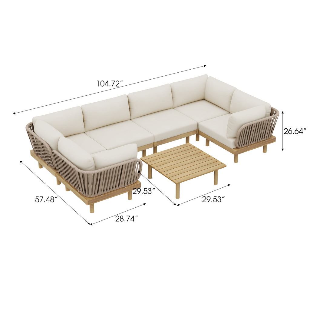 Outdoor Sectional Set Acacia Wood Rope Cream Beige Cushion 7 Piece Seats 6