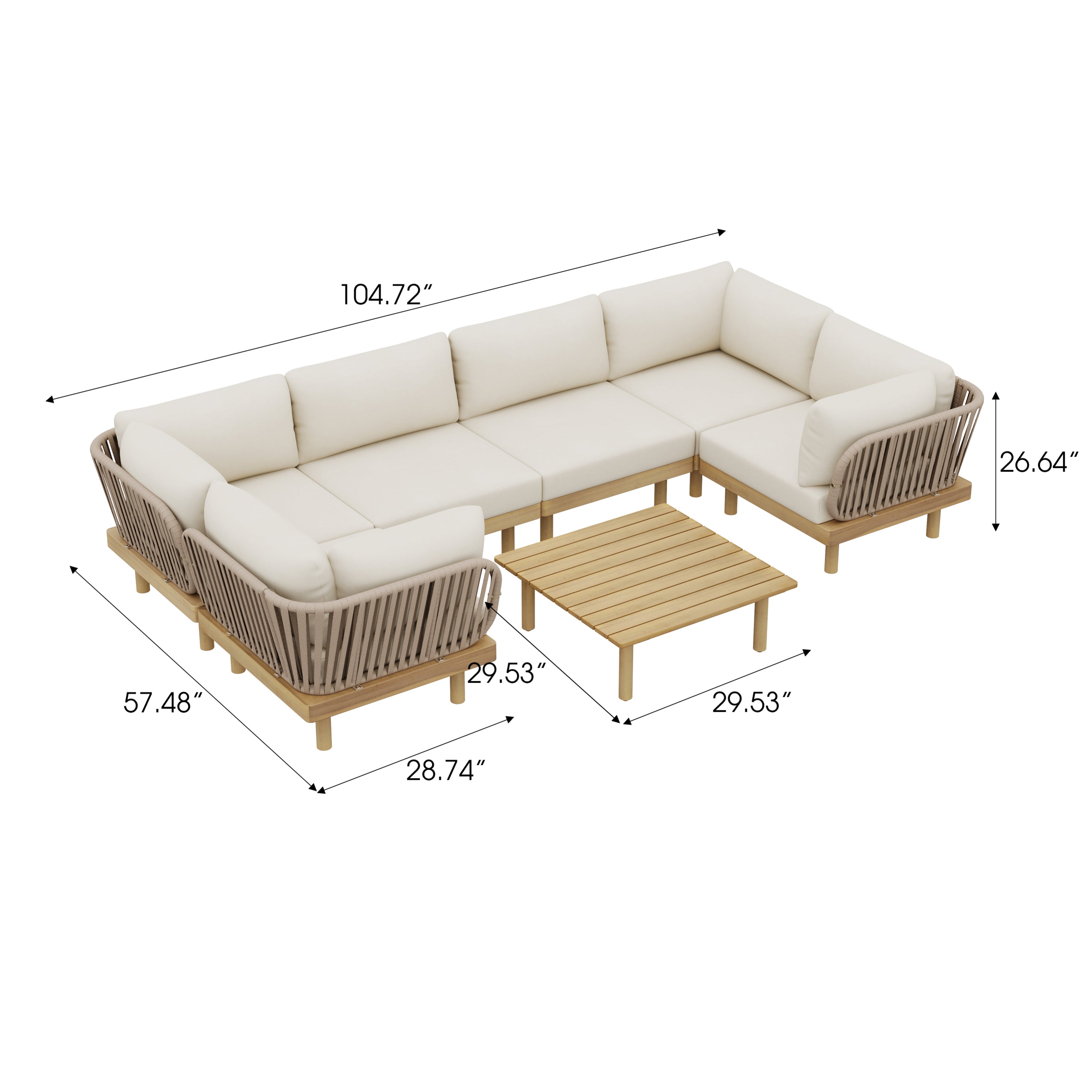 Outdoor Sectional Set Acacia Wood Rope Cream Beige Cushion 7 Piece Seats 6