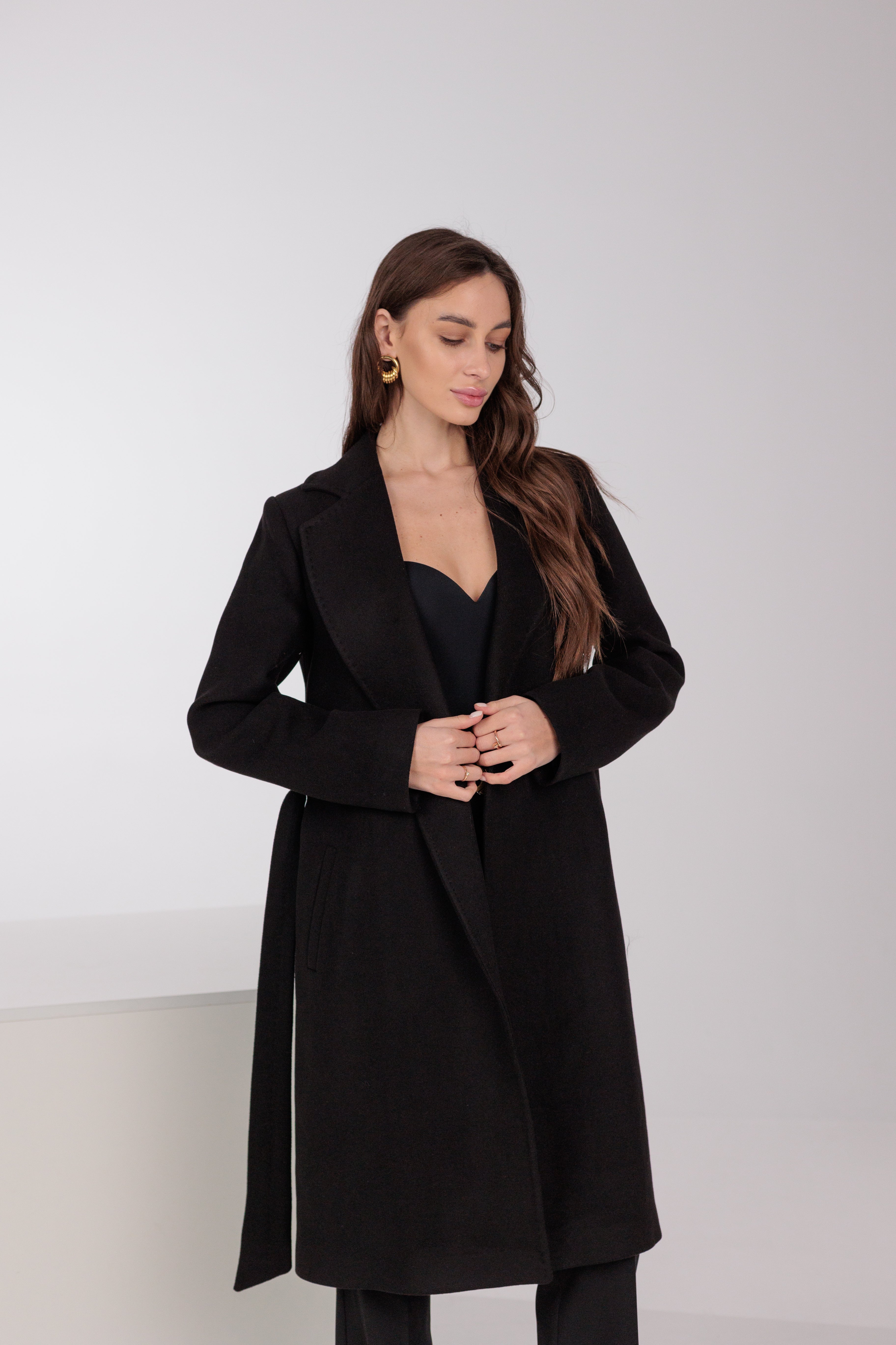Geneva Classic Wraparound Wool Blend Overcoat in Black