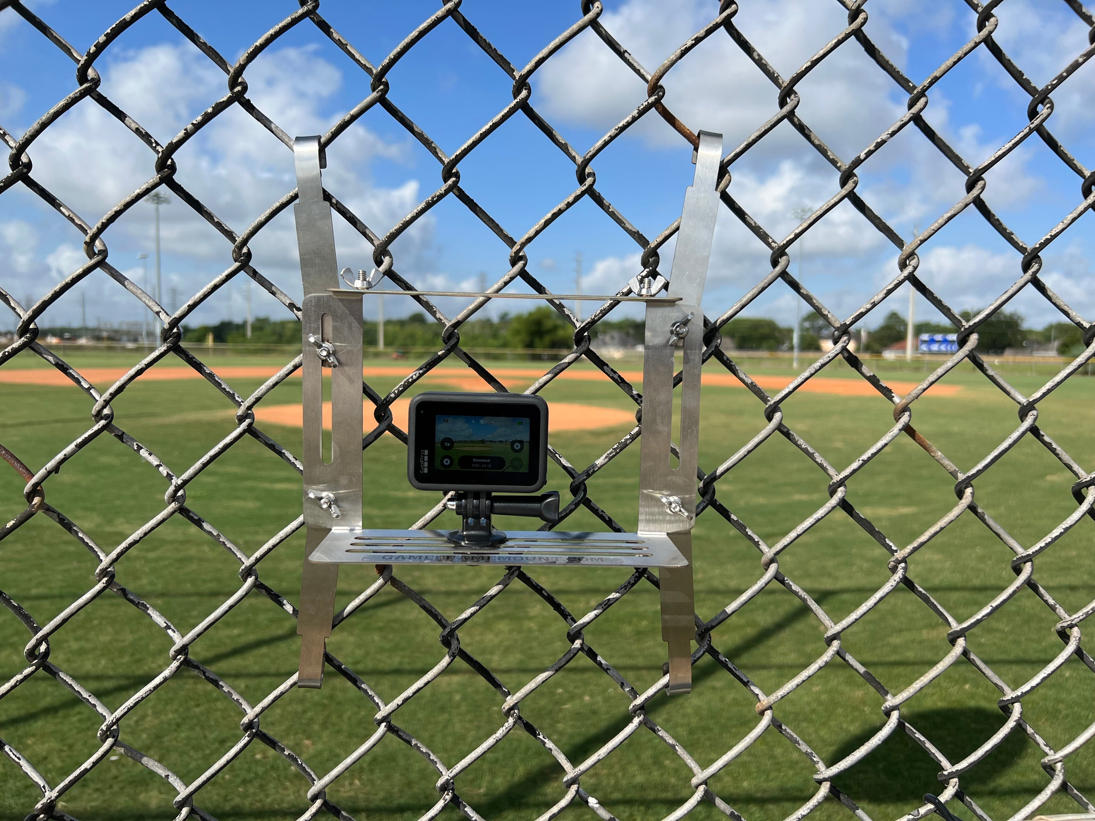 Stainless Steel Game Frame - The Ultimate Cell Phone, GoPro or Mevo Action Camera Fence Mount for Chain Link Fence (Softball, Baseball, Tennis) Made In USA