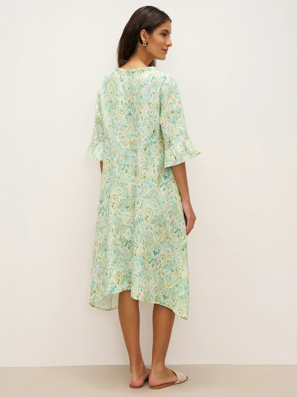 100% Linen A-Line Ruffled Collar Tie-Neck Mini Dress LIVIA