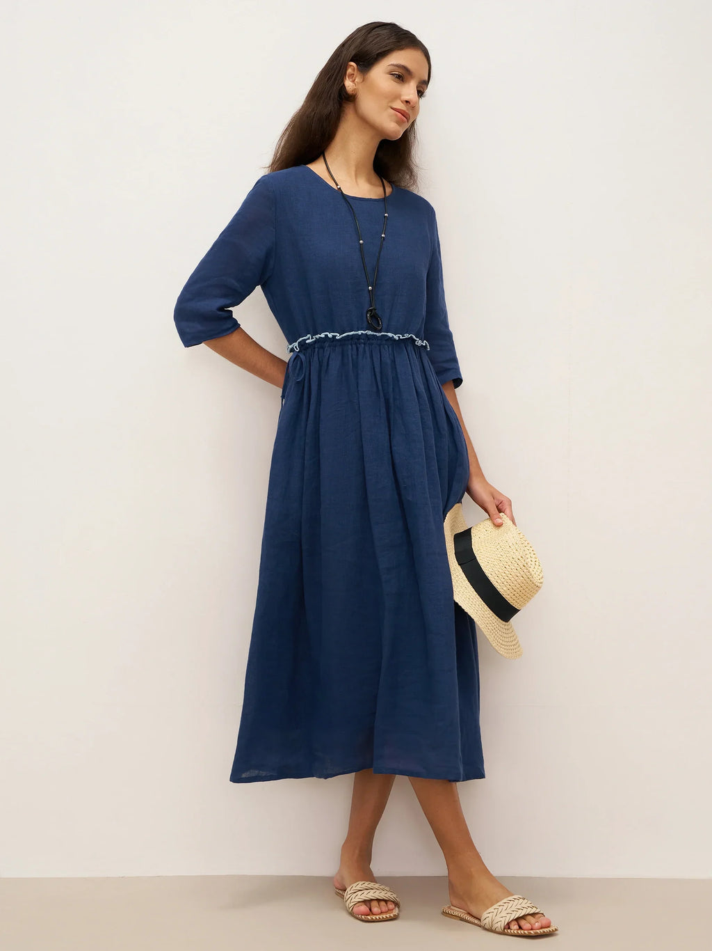 100% Linen Petal-Waist Drawstring Maxi Dress JASMINE