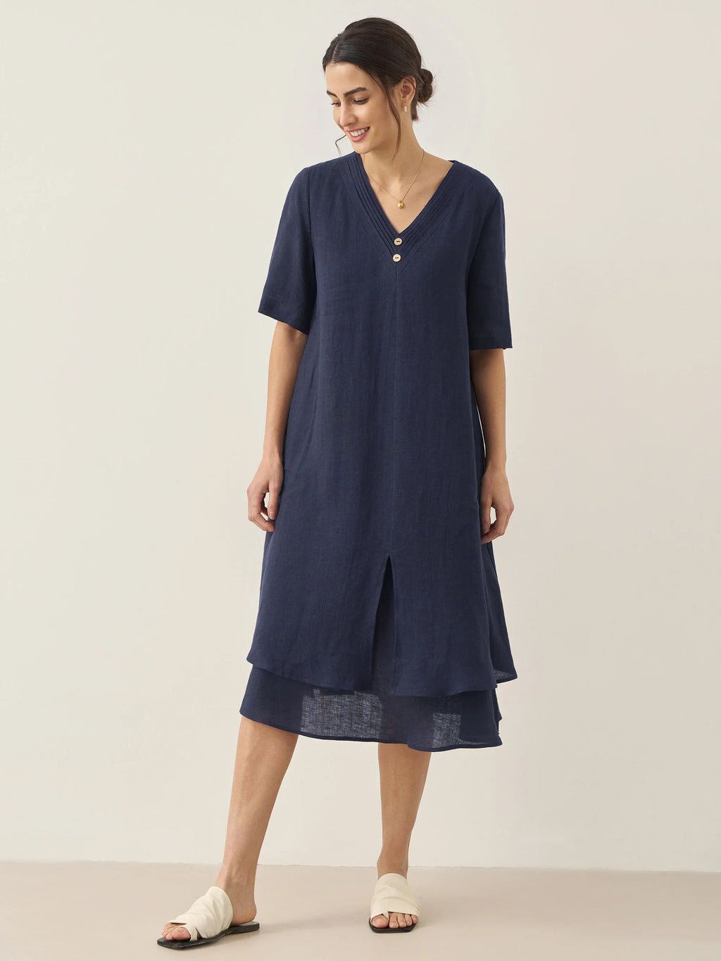 100% Linen V-Neck Double-Layer Mini Dress JAYDA