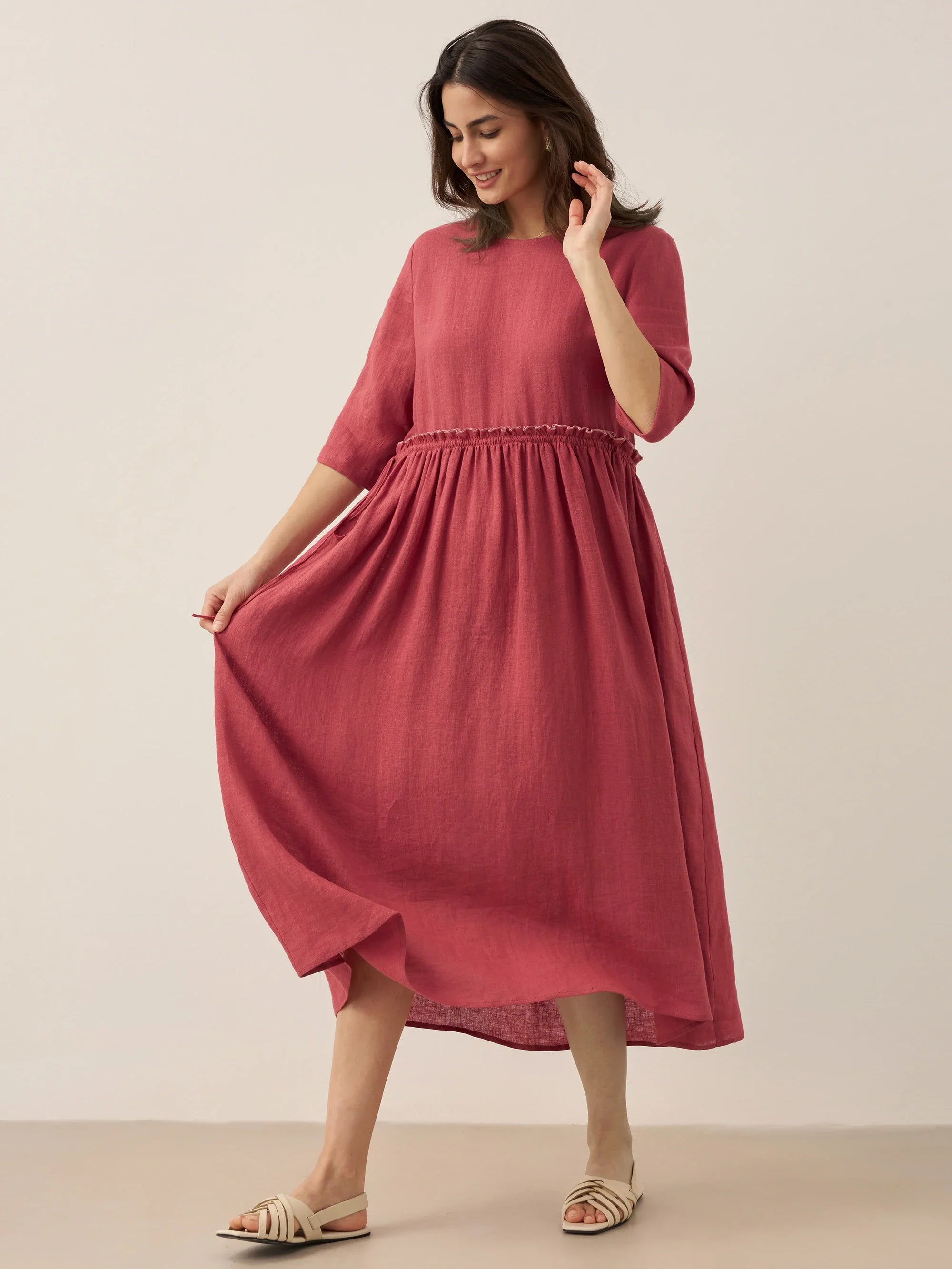 100% Linen Petal-Waist Drawstring Maxi Dress JASMINE