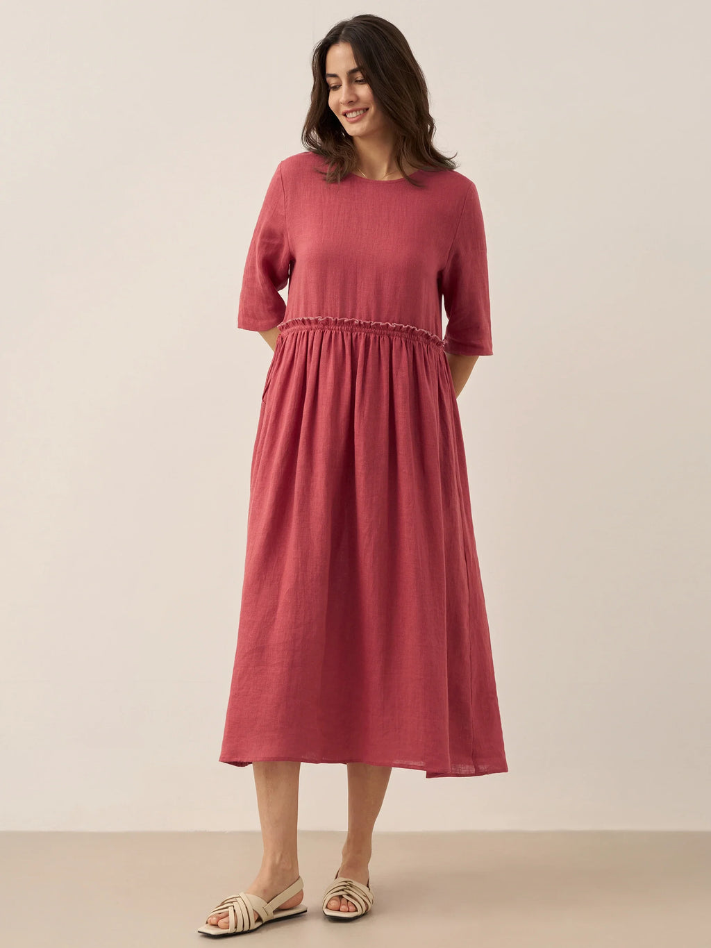 100% Linen Petal-Waist Drawstring Maxi Dress JASMINE